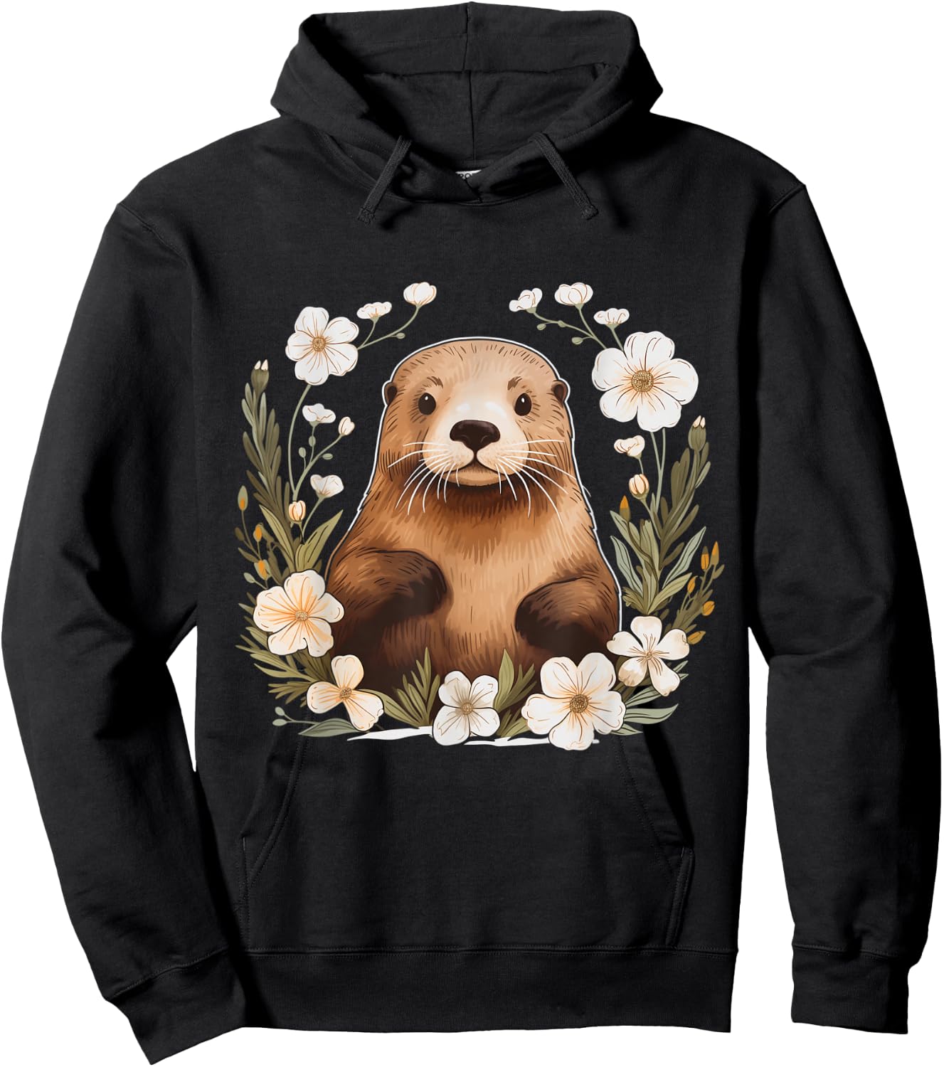 Otter Floral Artwork Vintage Flowers Cute Sea Otter Hoodie - Hoodie | Black