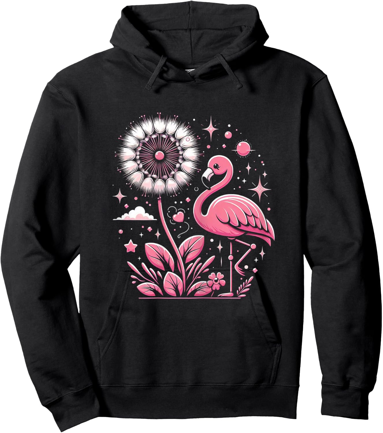 Flamingo And Dandelion Flowers Pink Bird Hoodie - Hoodie | Black