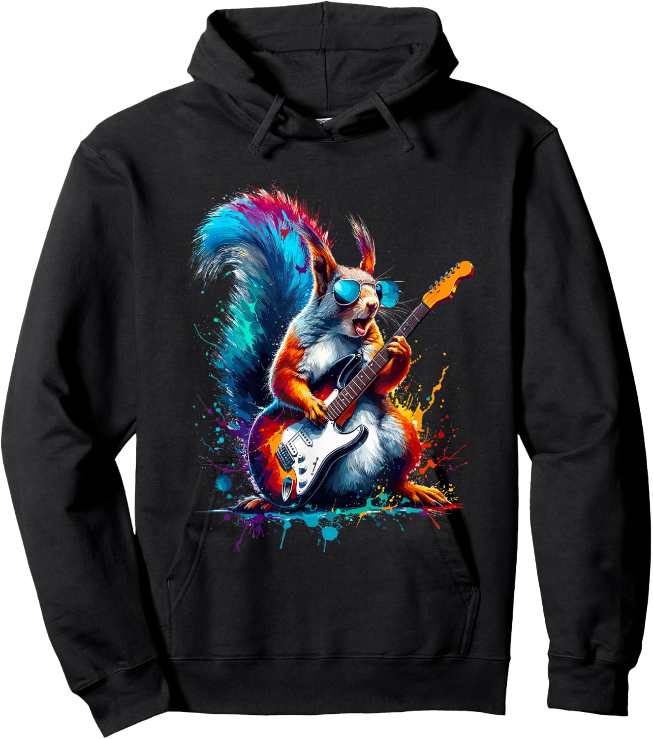 Colorful Splash Art Squirrel Guitarist Electric Guitar Hoodie - Hoodie | Black