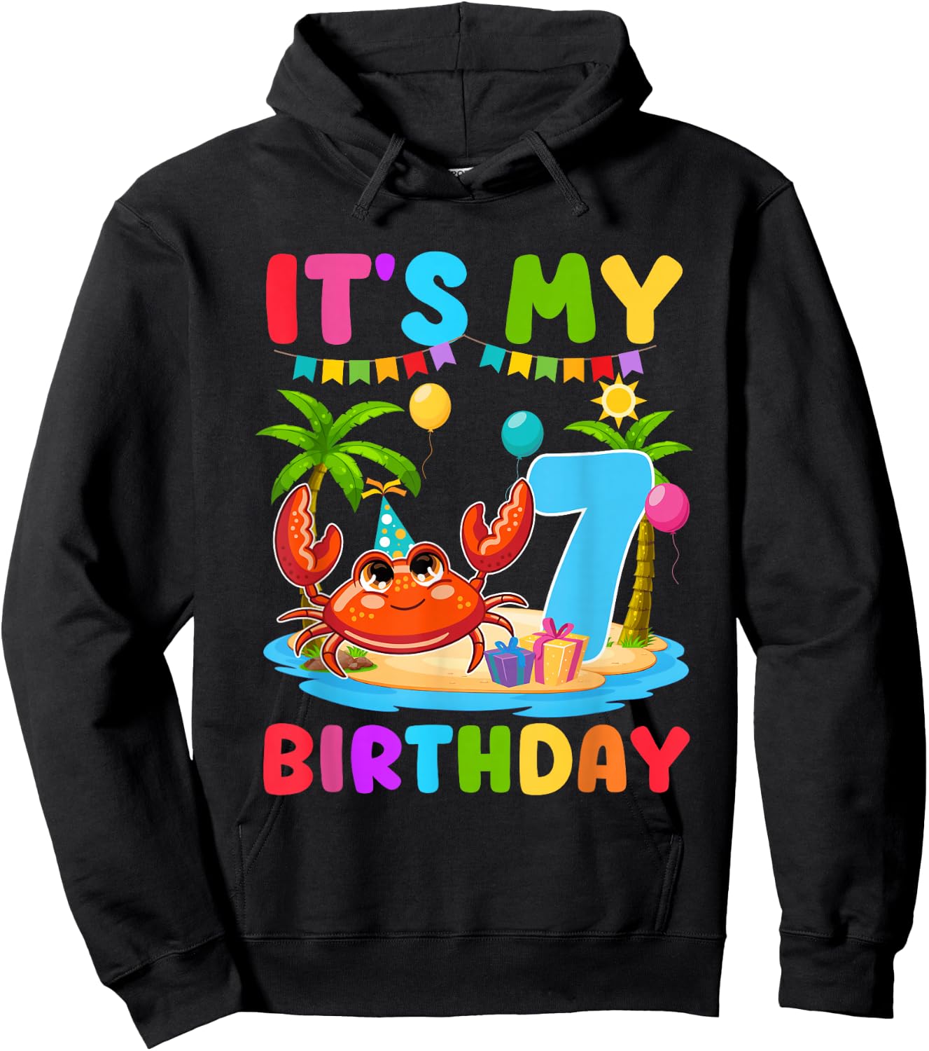 7th Birthday Crab Themed Summer Beach Party 7 Year Old Hoodie - Hoodie | Black