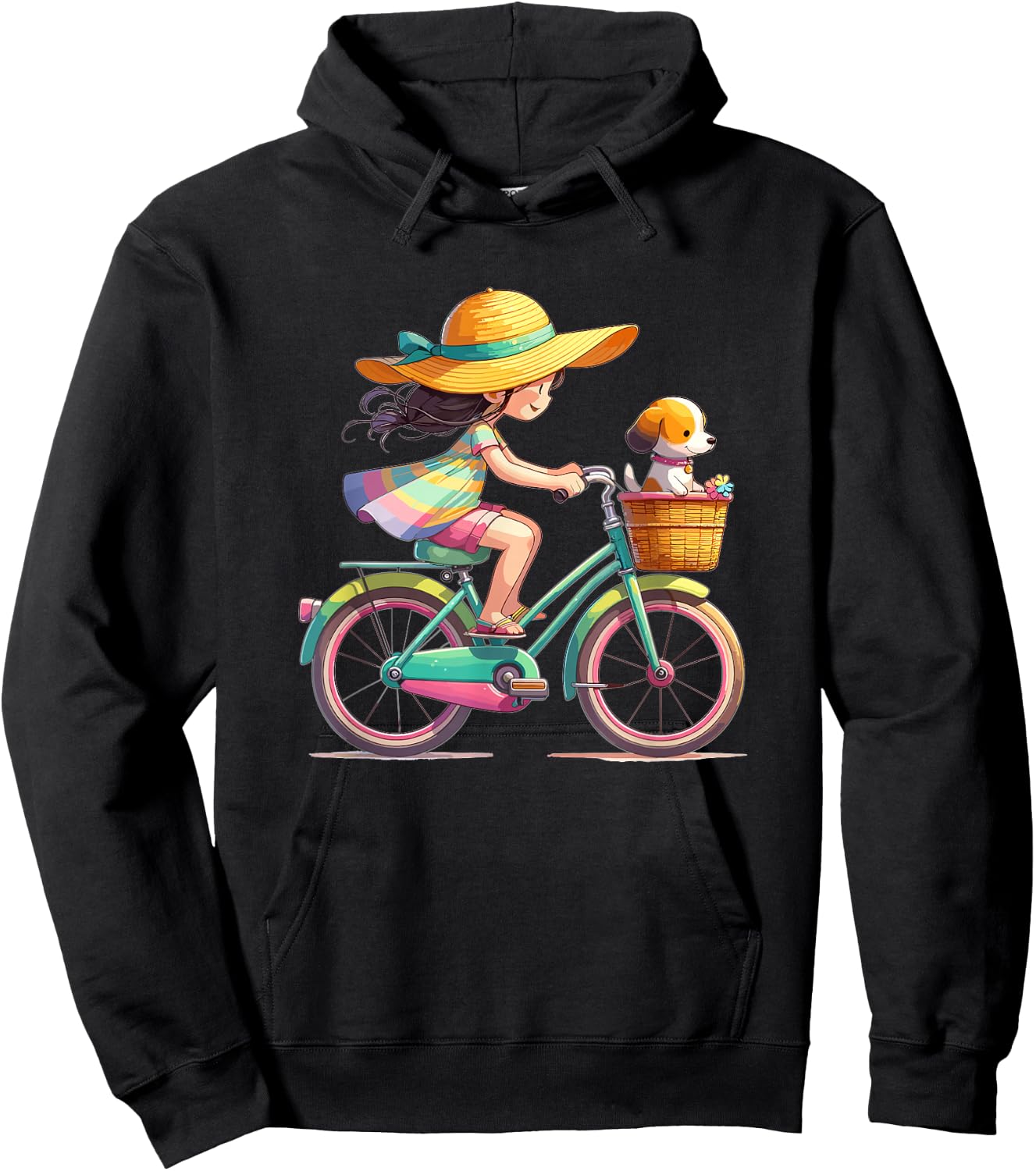 Girl on Bicycle with Little Dog in Bicycle Basket , black Hoodie - Hoodie | Black