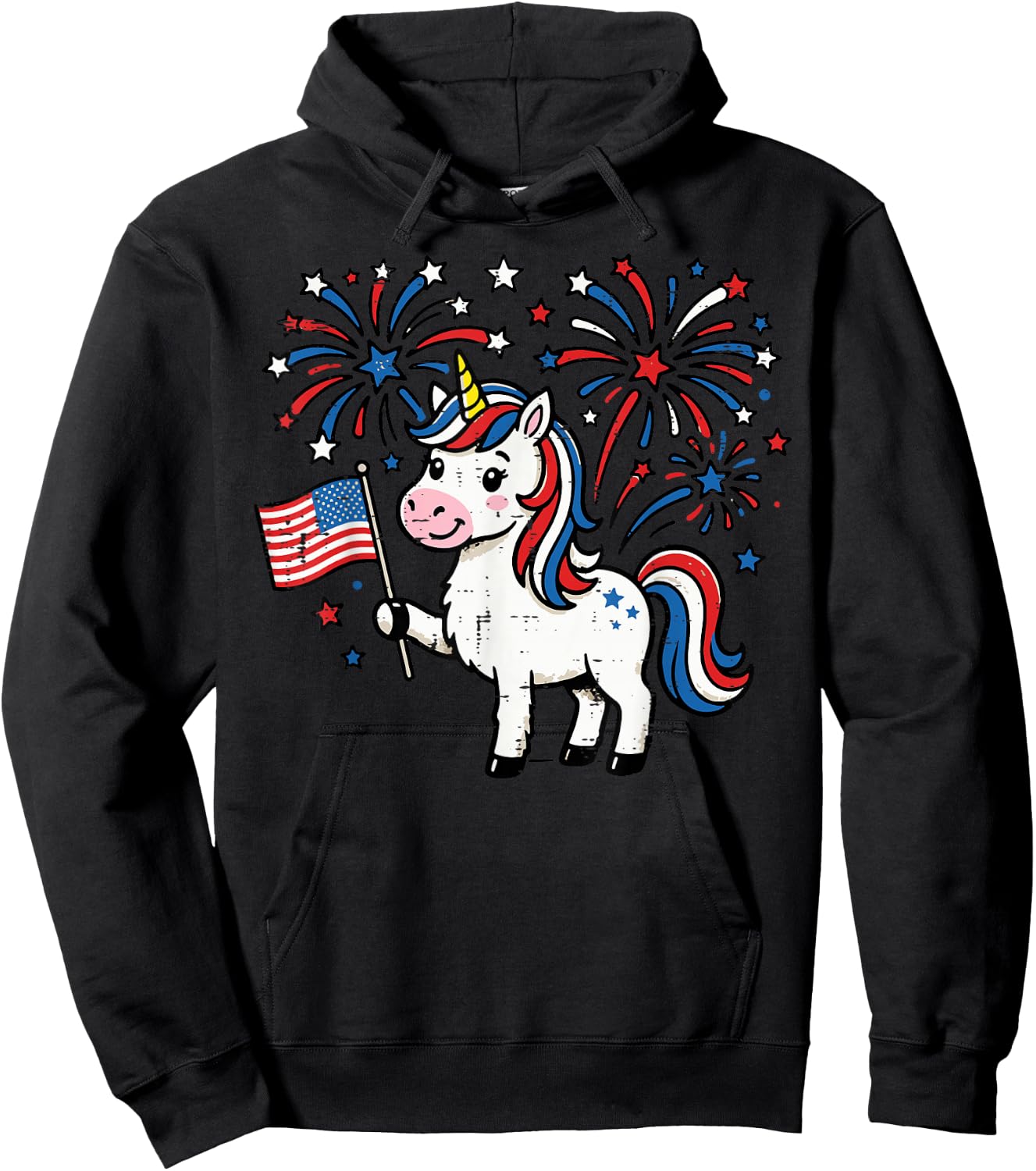 Patriotic Unicorn US Flag Fireworks 4th of July Girl Kids Hoodie - Hoodie | Black