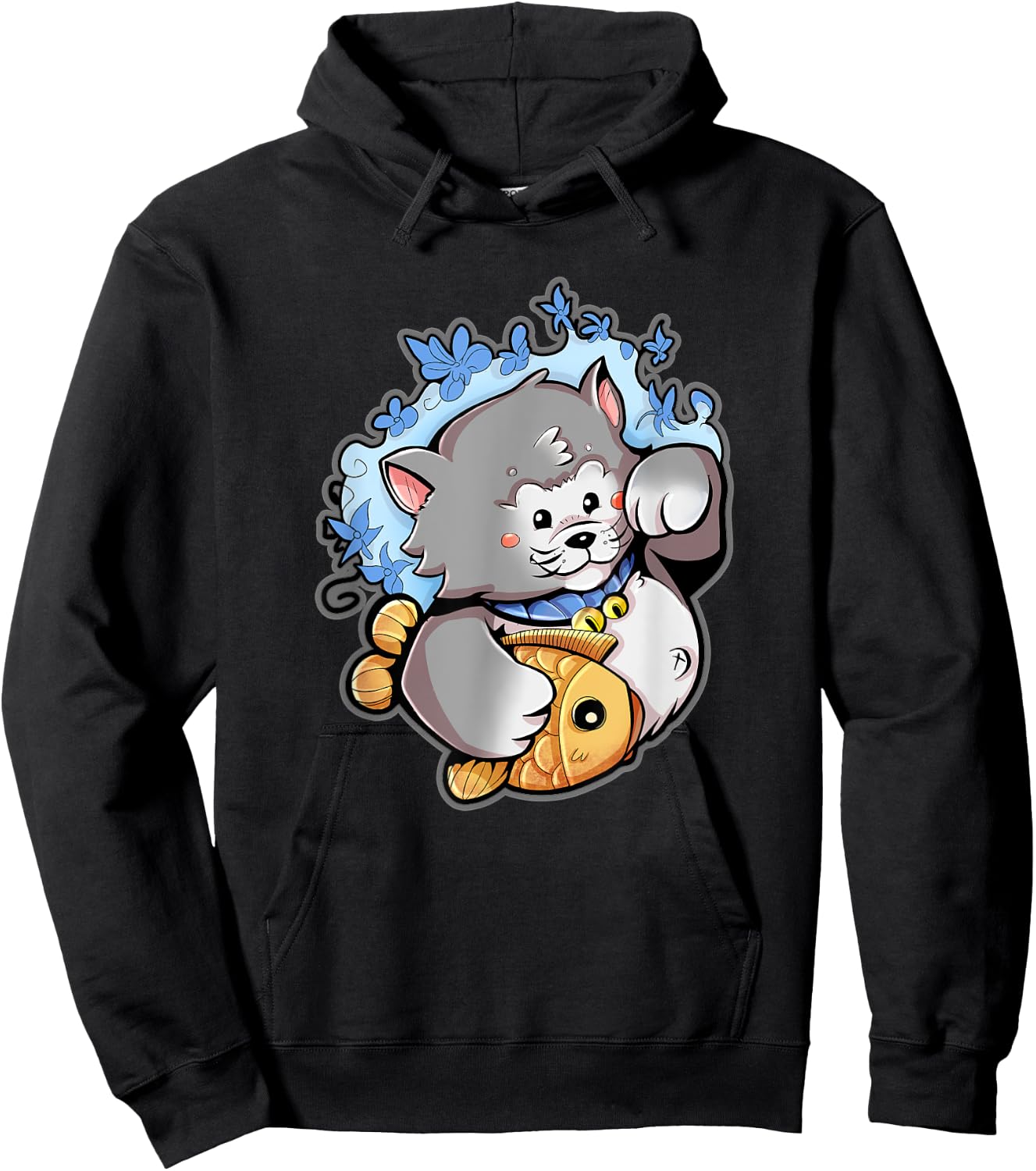 Lucky Gray Maneki-Neko Cat with a Taiyaki Hoodie - Hoodie | Black