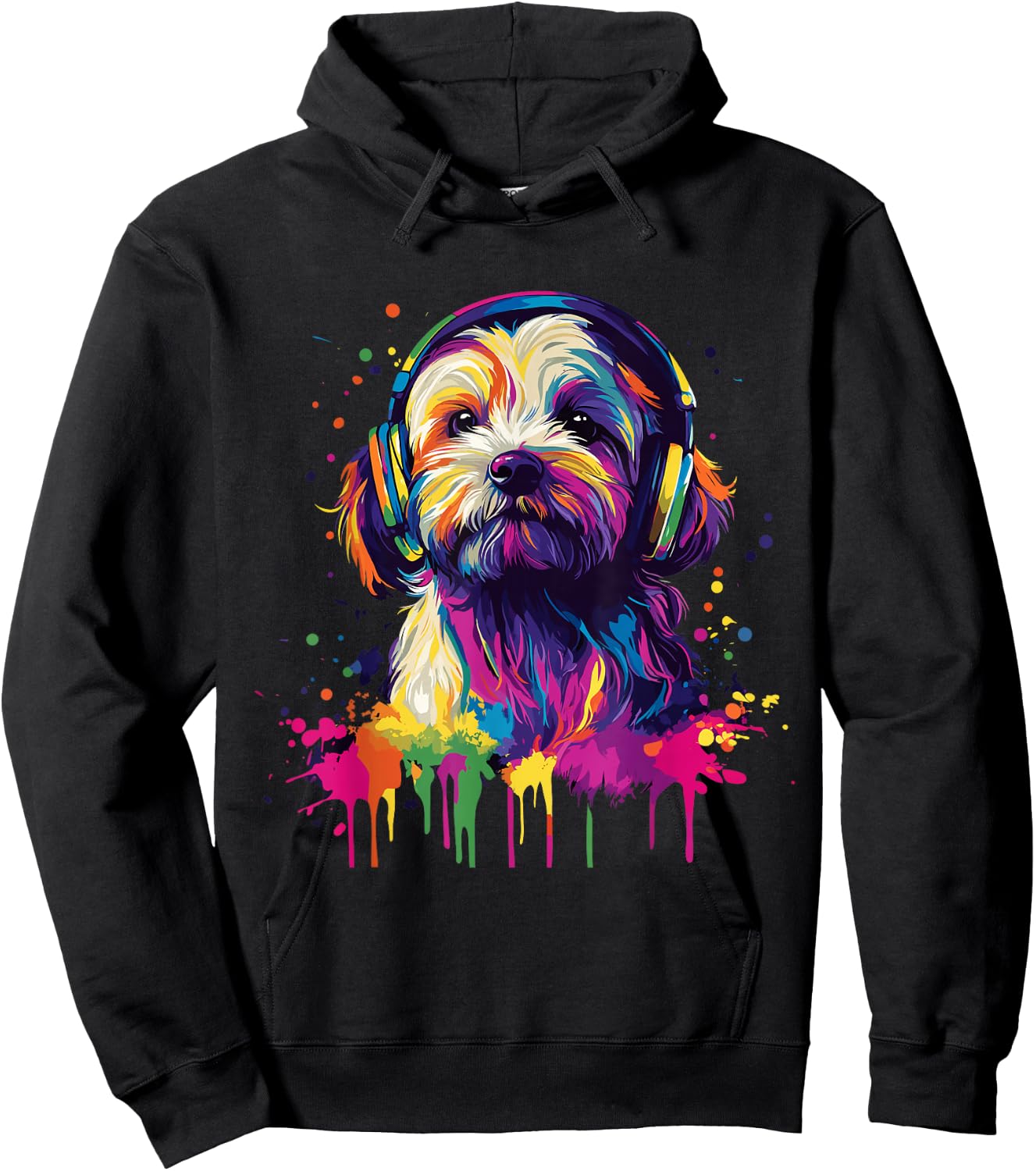Havanese Lover Pop Art Wearing Headphones Funny Havanese , black Hoodie - Hoodie | Black