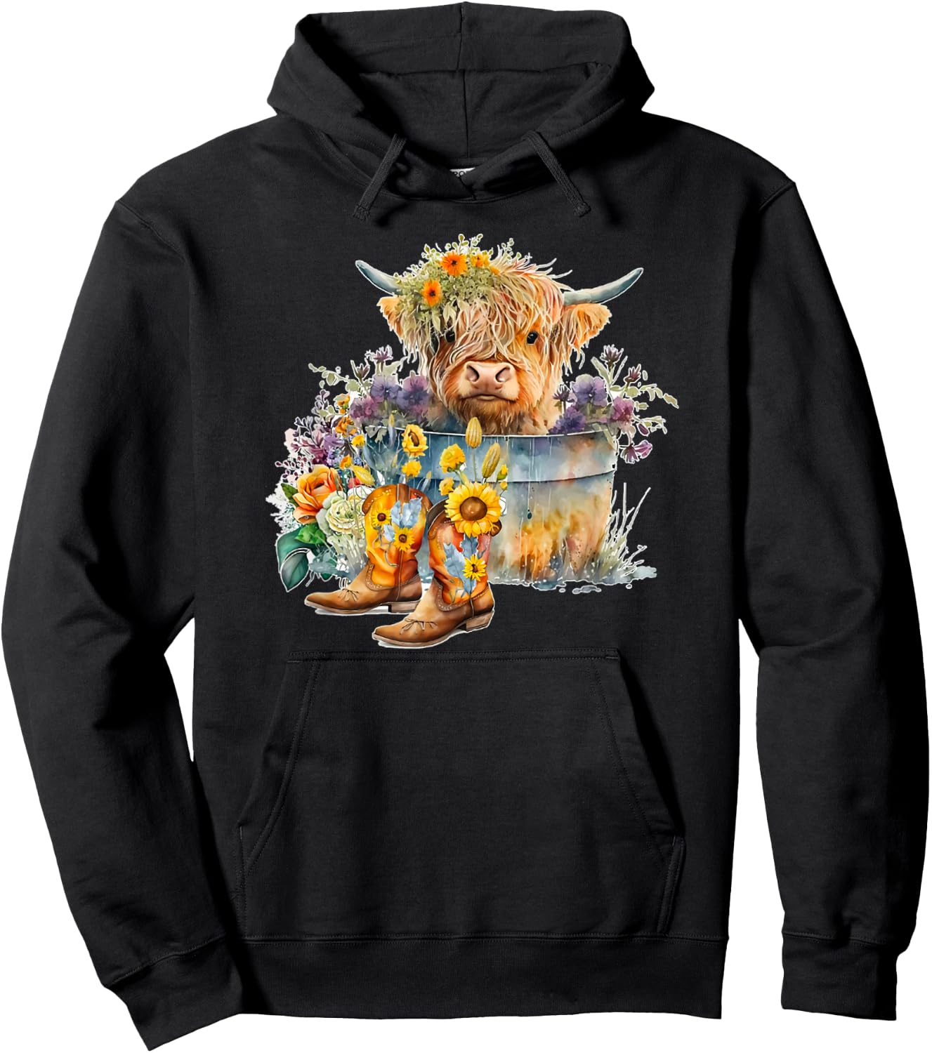 Scottish Highland Cow Cattle Farm Hairy Cowgirl Flower Woman Hoodie - Hoodie | Black