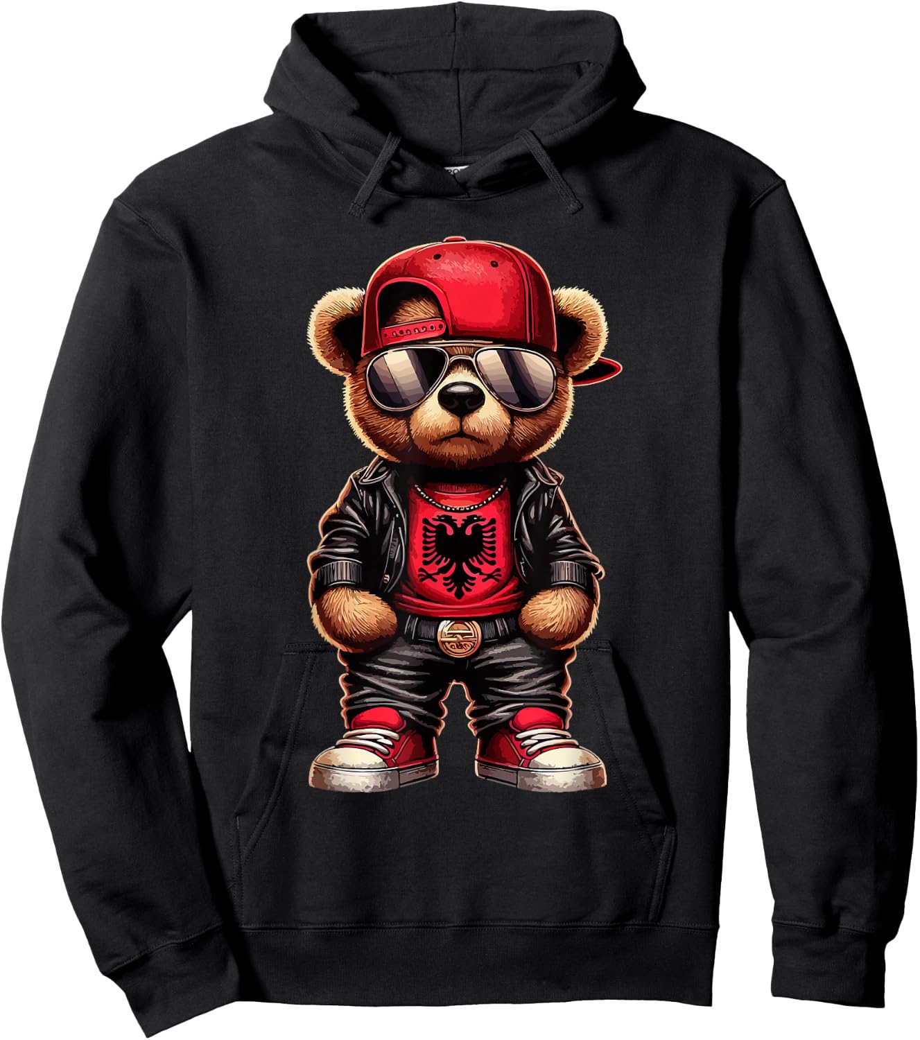 Cool Albanian Teddy Bear Albania Flag Outfit Street , black Hoodie - Hoodie | Black