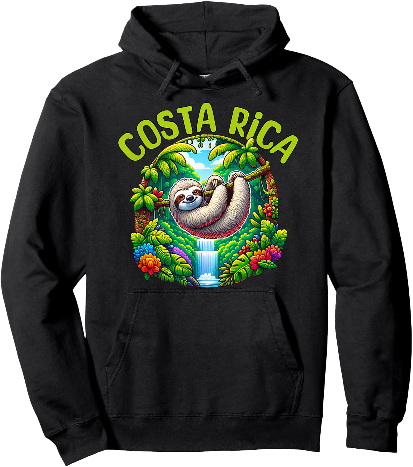 Costa Rica Sloth - Tropical Rainforest Waterfall Travel Fun Hoodie - Hoodie | Black