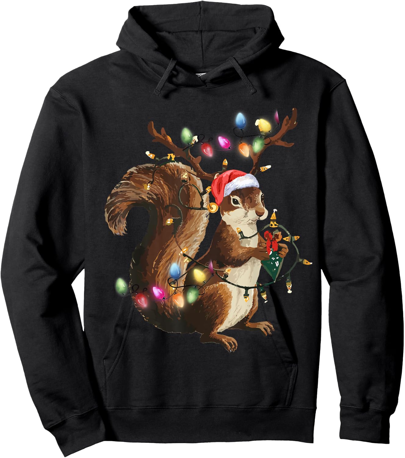 Funny Squirrel Christmas Tree Lights Reindeer Santa Hat Xmas Hoodie - Hoodie | Black