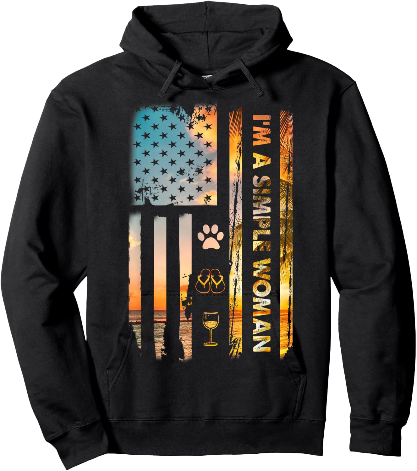I'm A Simple Woman Camping Wine Flip Flops Love Dog USA Flag Hoodie - Hoodie | Black