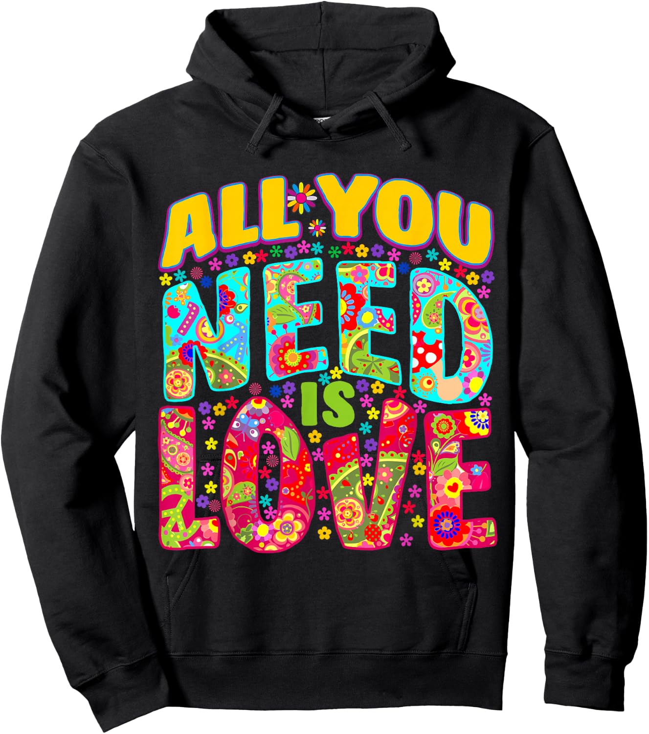 Hippie Flower Power Bohemian Peace Love Retro 60s 70s Groovy , Black, S Hoodie - Hoodie | Black