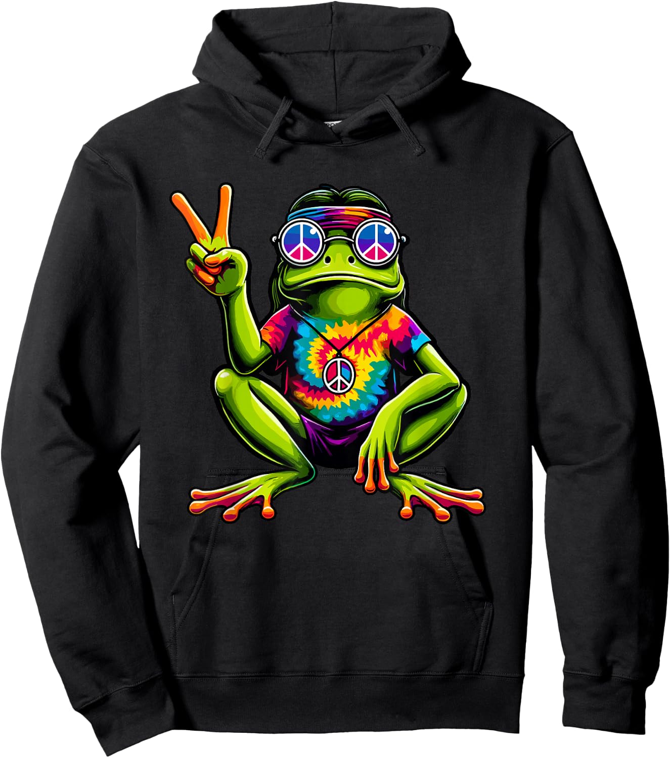 Tie-Dye Hippie Frog, Peace Sign, 60s Party & 70s Costume Hoodie - Hoodie | Black