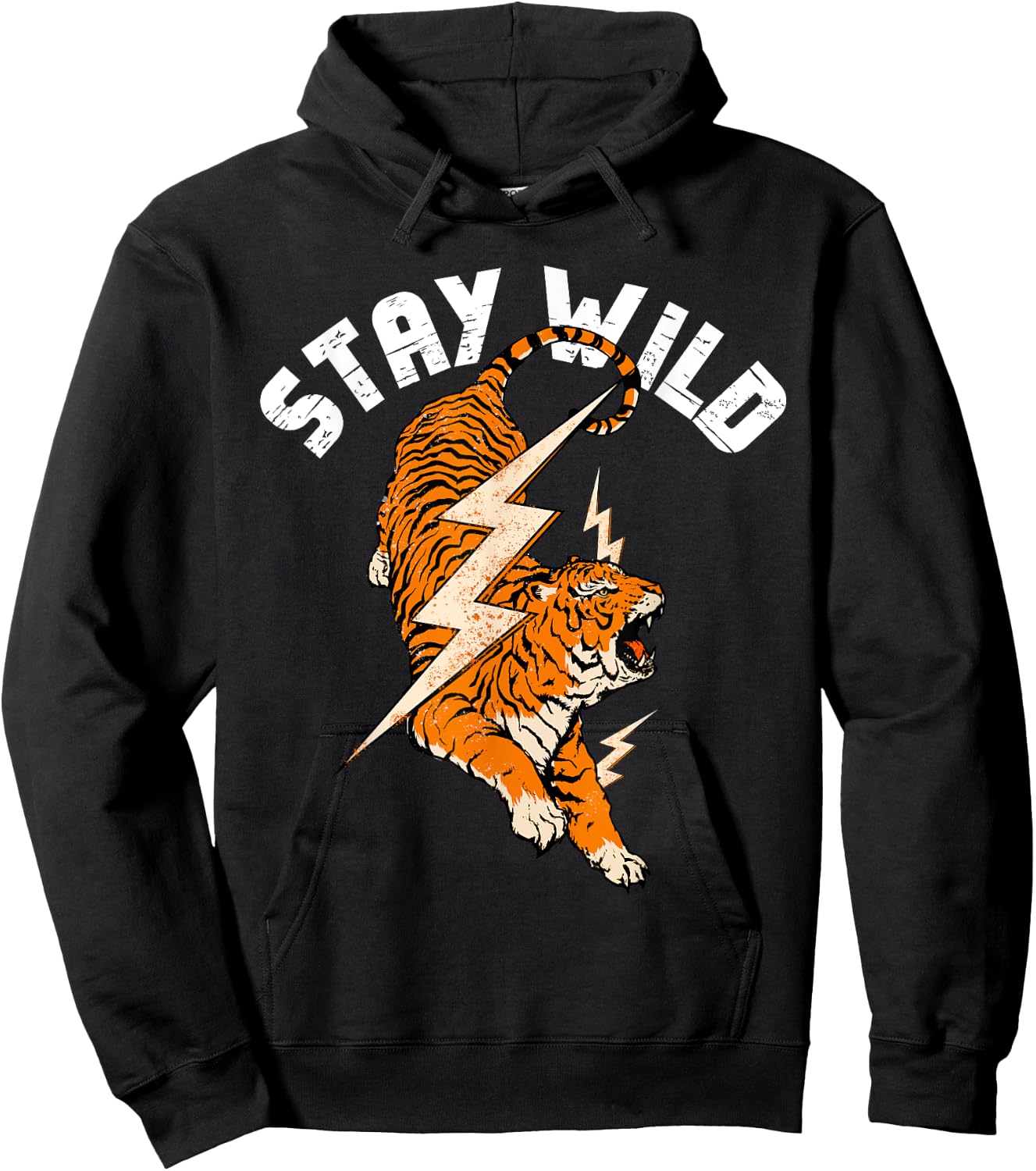 Stay Wild Tiger Cool Tiger & Lightning Bolt Retro Distressed Hoodie - Hoodie | Black