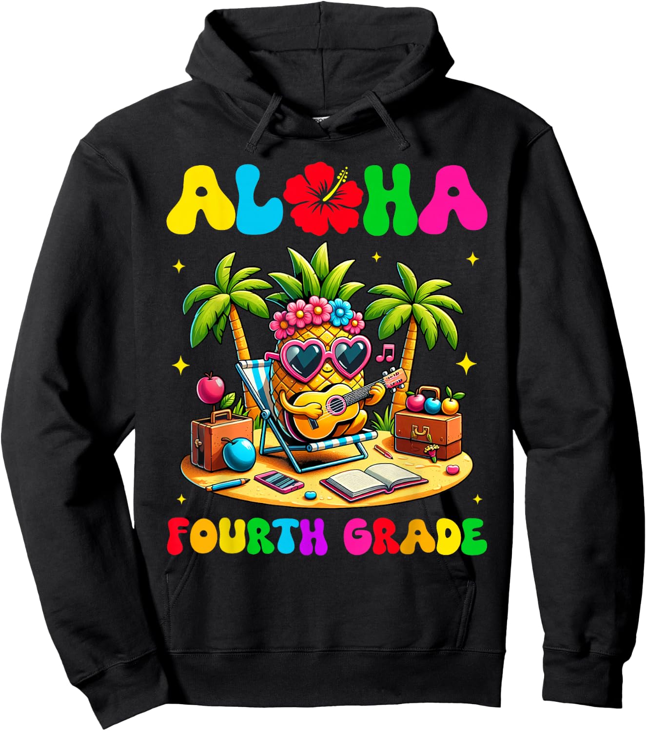 Aloha Fourth Grade Pineapple Hawaii Back to School Kids Girl Hoodie - Hoodie | Black