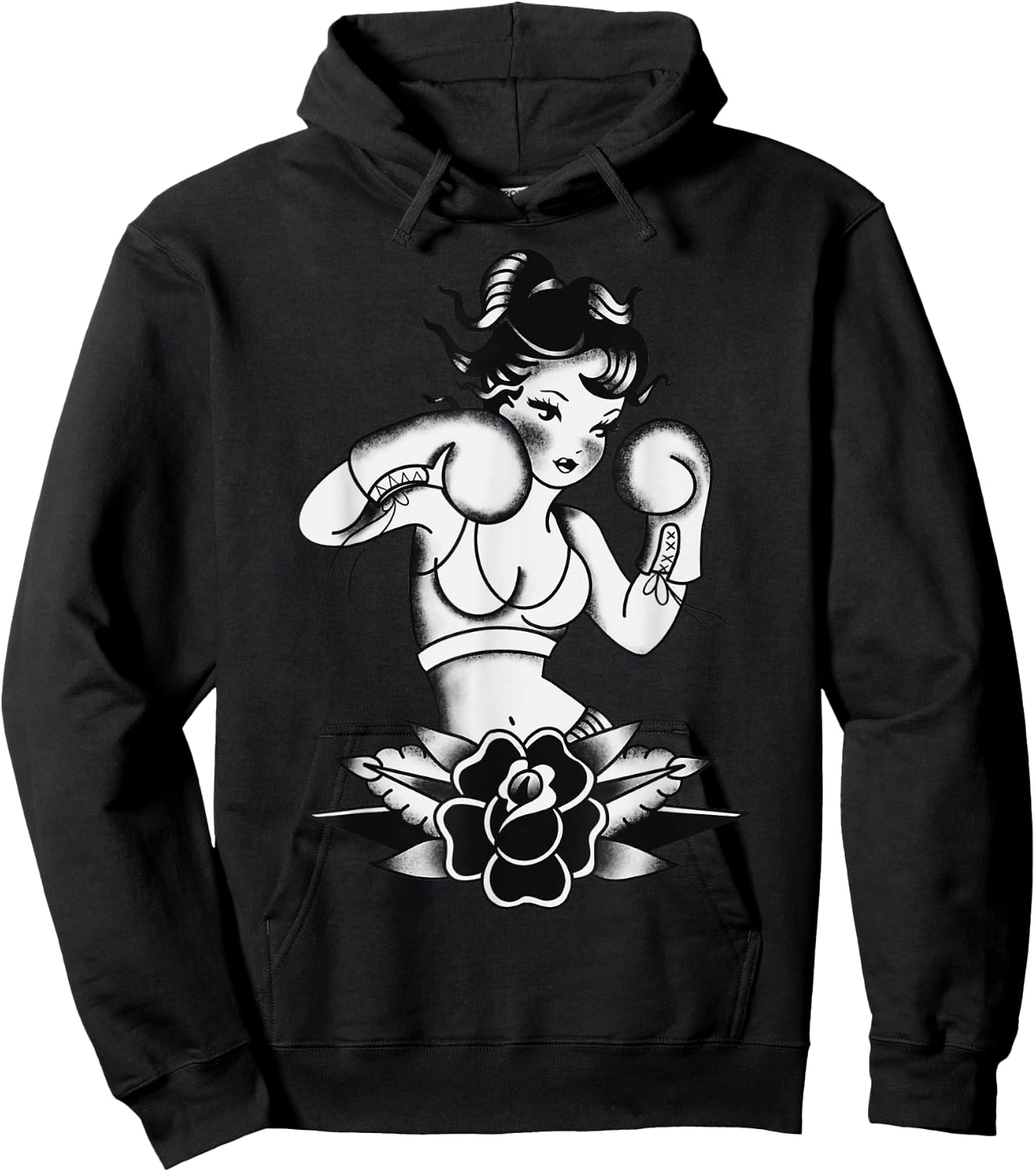 Traditional Boxer Girl Pin-Up Pretty Girl Blackwork Hoodie - Hoodie | Black