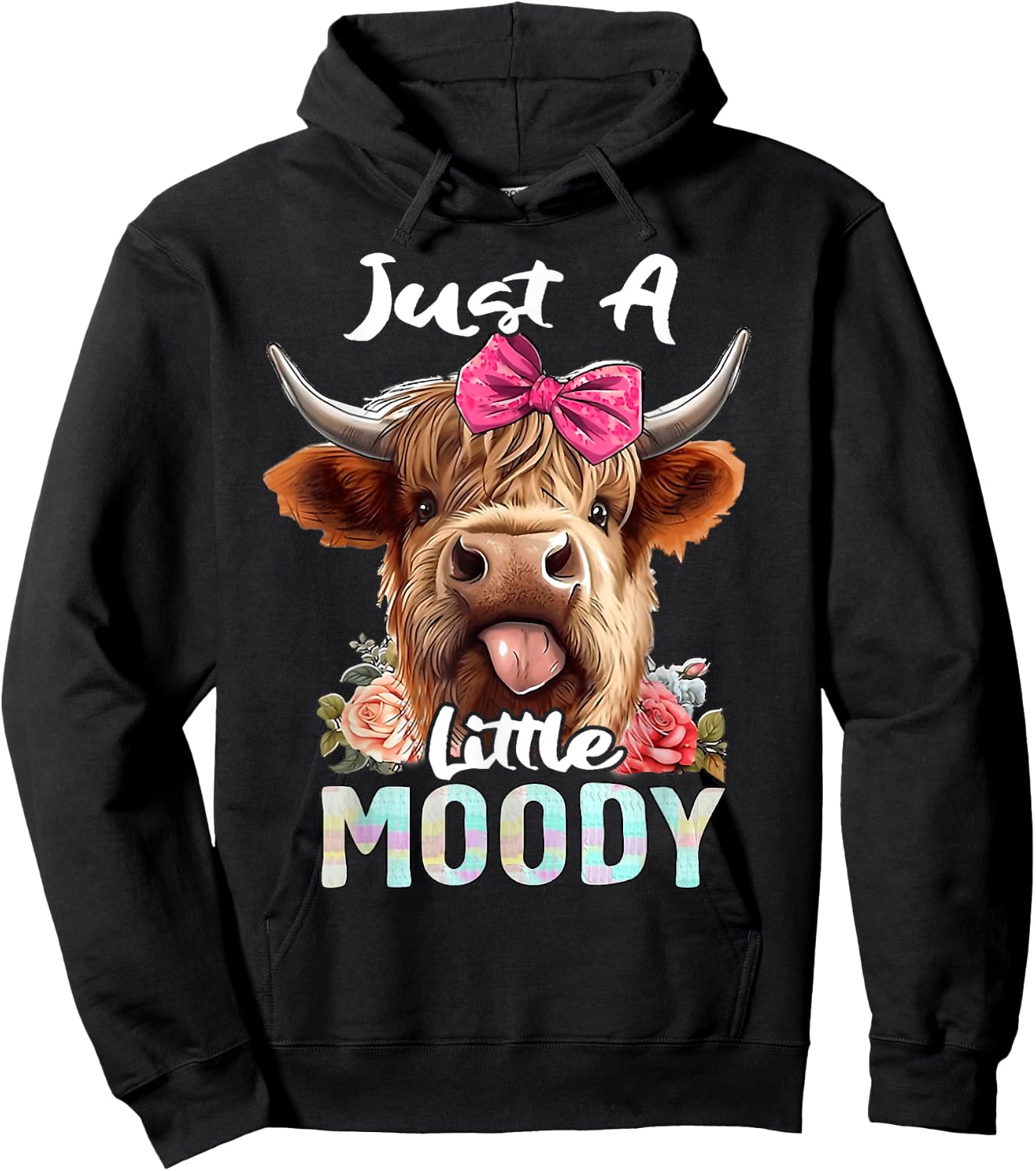 Highland Cow Just A Little Moody Pink Bow Funny Farmer Women Hoodie - Hoodie | Black