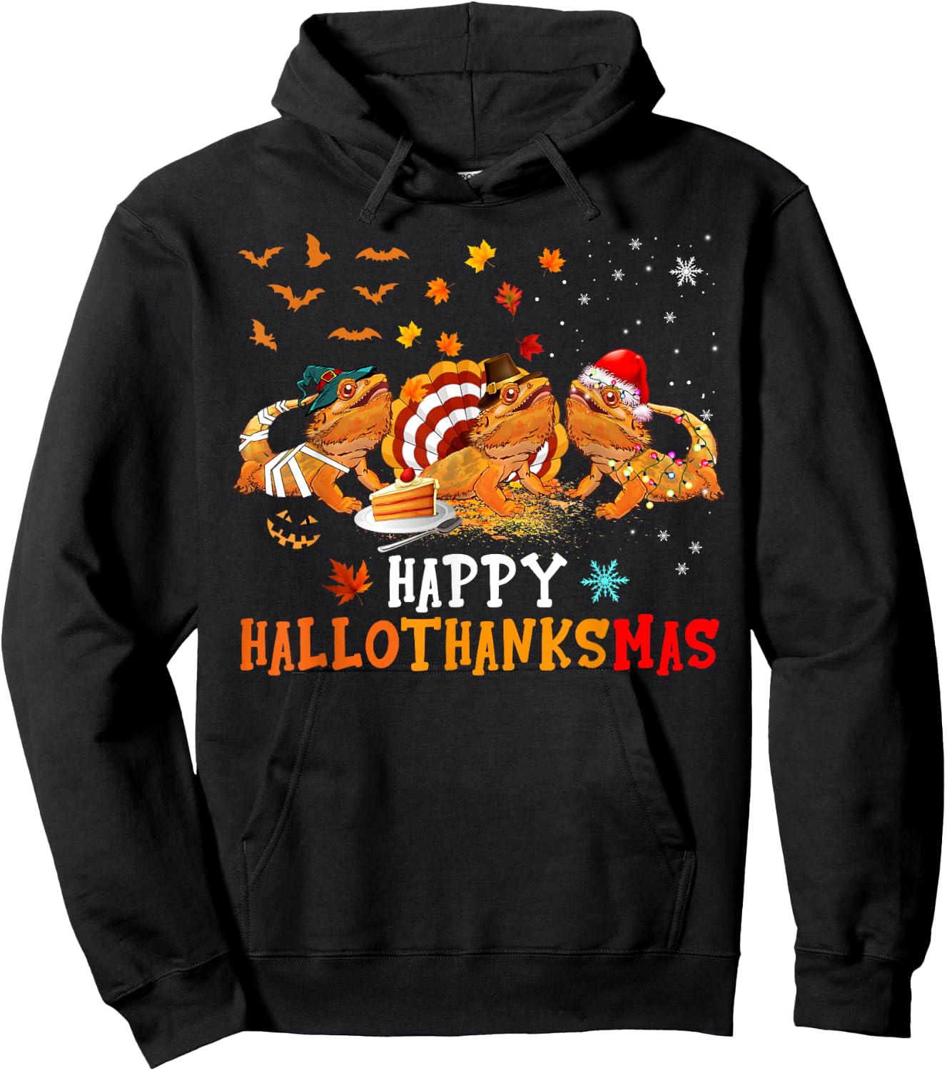 Happy HalloThanksMas Cute Santa Witch Turkey Bearded Dragon Hoodie - Hoodie | Black