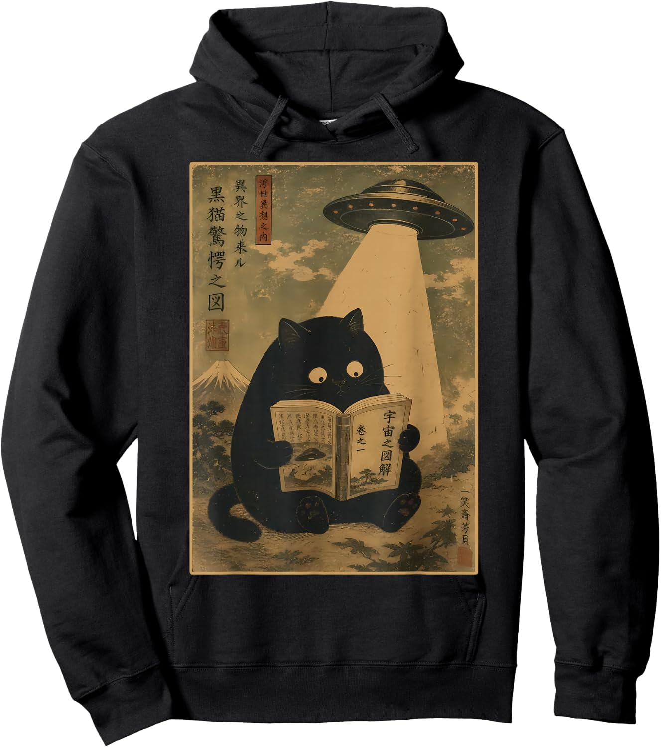 Vintage Japanese Cat Reading Book UFO Alien Abduction Cat Hoodie - Hoodie | Black