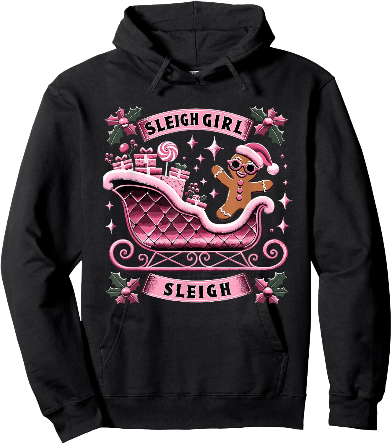 Groovy Pink Christmas Candy Sleigh Girl Gingerbread Holiday Hoodie - Hoodie | Black