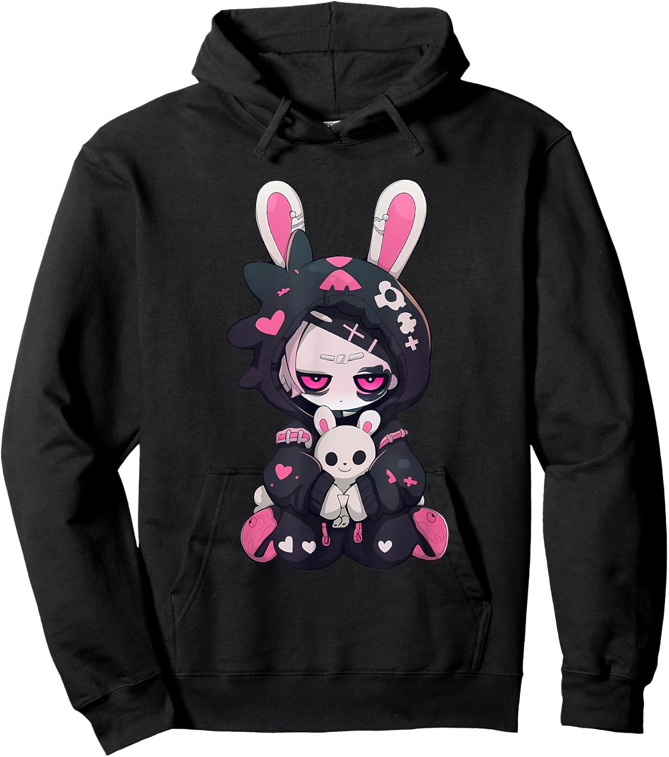 Cute Gothic Girl Chibi Style Bunny E-Girl Skull Heart Grunge Hoodie - Hoodie | Black