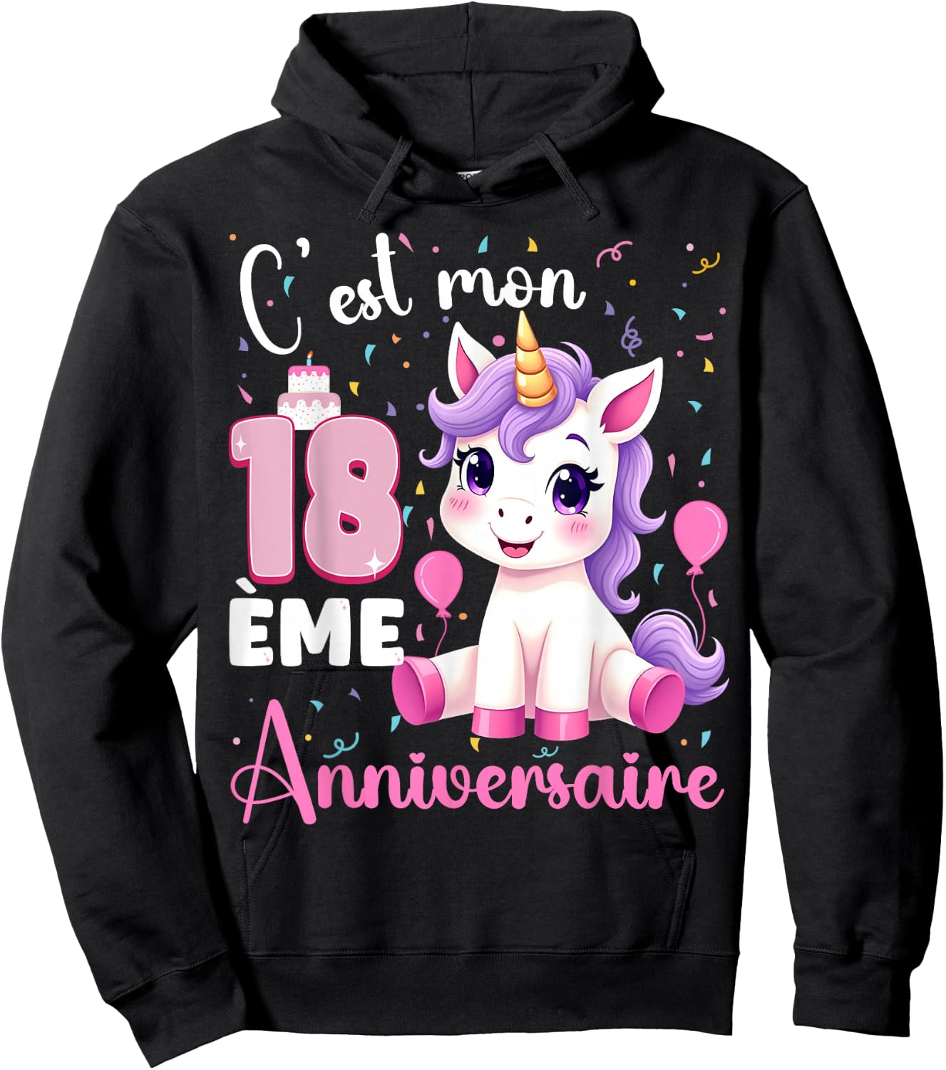 Cute Unicorn C'est Mon 18th Birthday 18 Years Old Girl , Black, S Hoodie - Hoodie | Black