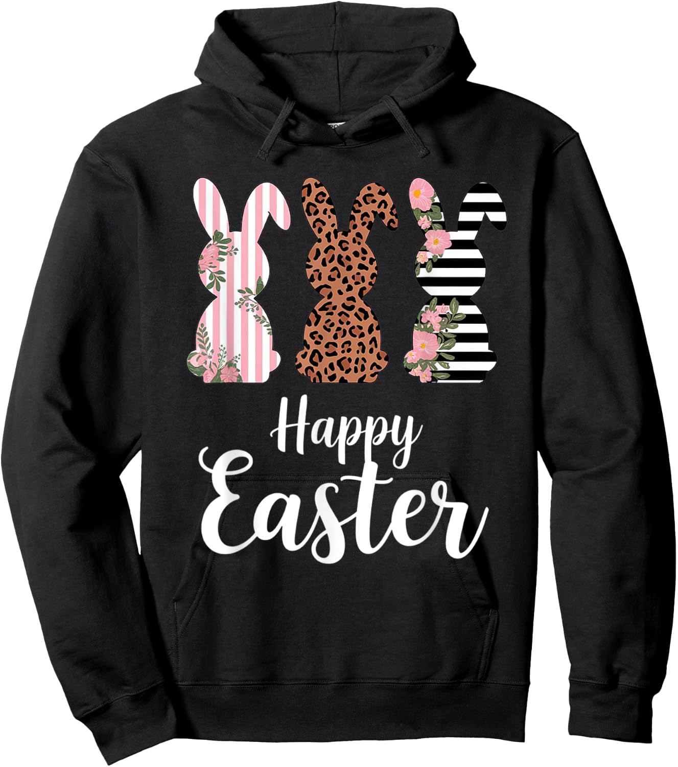 Happy easter Bunny Cute Pink Leopard Plaid Flower Bunny Hoodie - Hoodie | Black