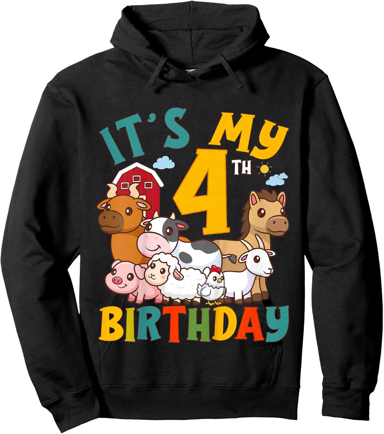 It's My 4th Birthday 4 Years Old Farm Animals Theme Kids Hoodie - Hoodie | Black