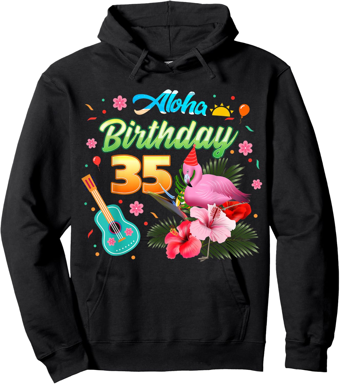 Aloha Hawaii 35 Year Old Birthday Flamingo Hawaiian 35th Hoodie - Hoodie | Black