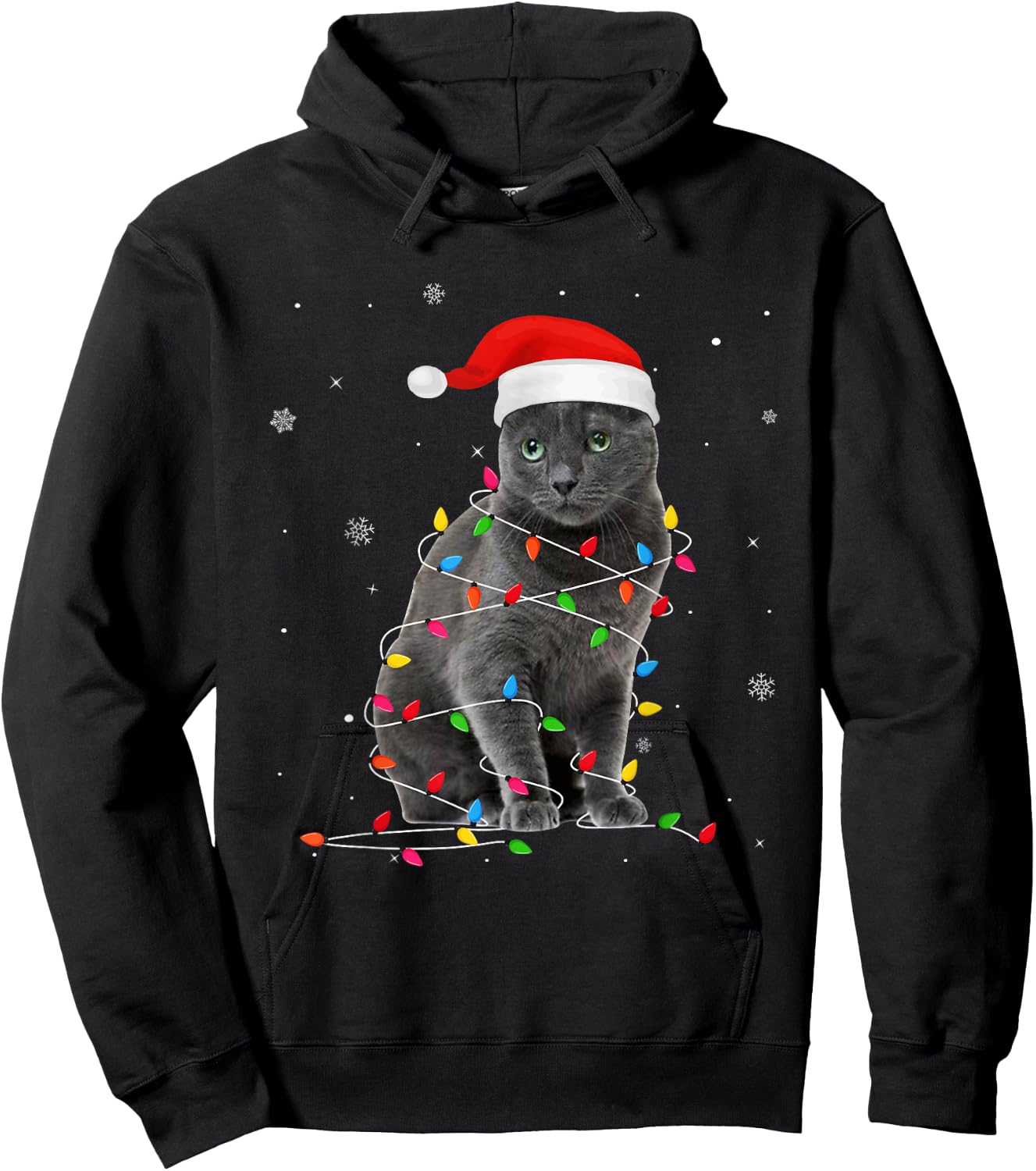 Funny Russian Blue Christmas Light Cat Dad Cat Mom Women Kids Hoodie - Hoodie | Black