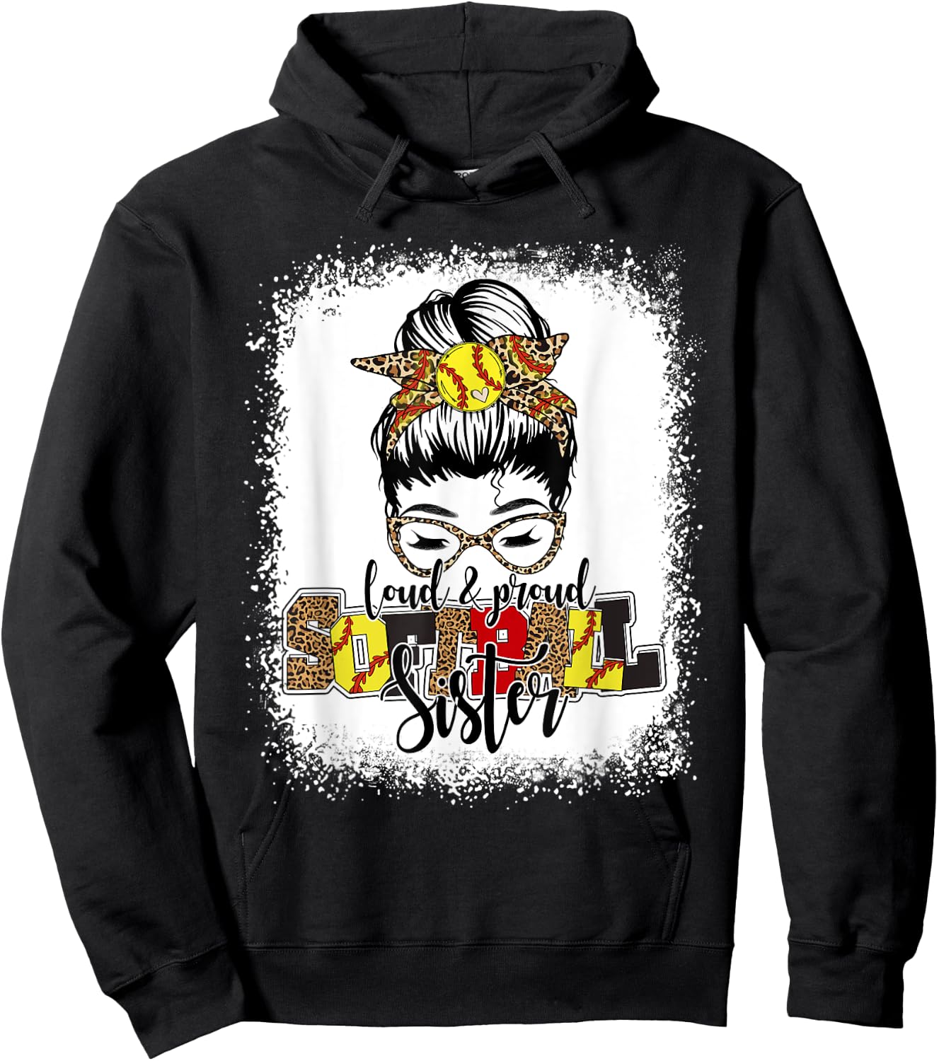Bleached Softball Sister Leopard Messy Bun Funny Mothers Day Hoodie - Hoodie | Black