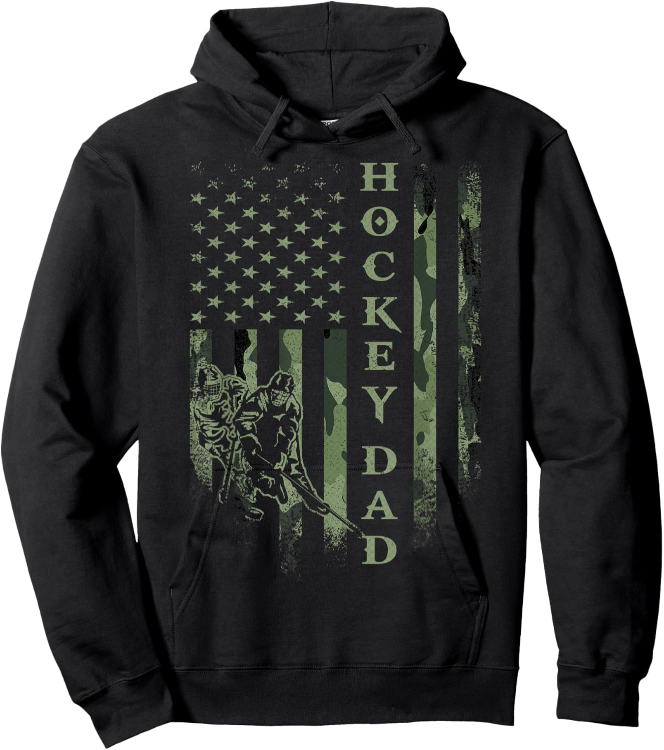 Vintage USA American Camo Flag Proud Hockey Dad Silhouette Hoodie - Hoodie | Black