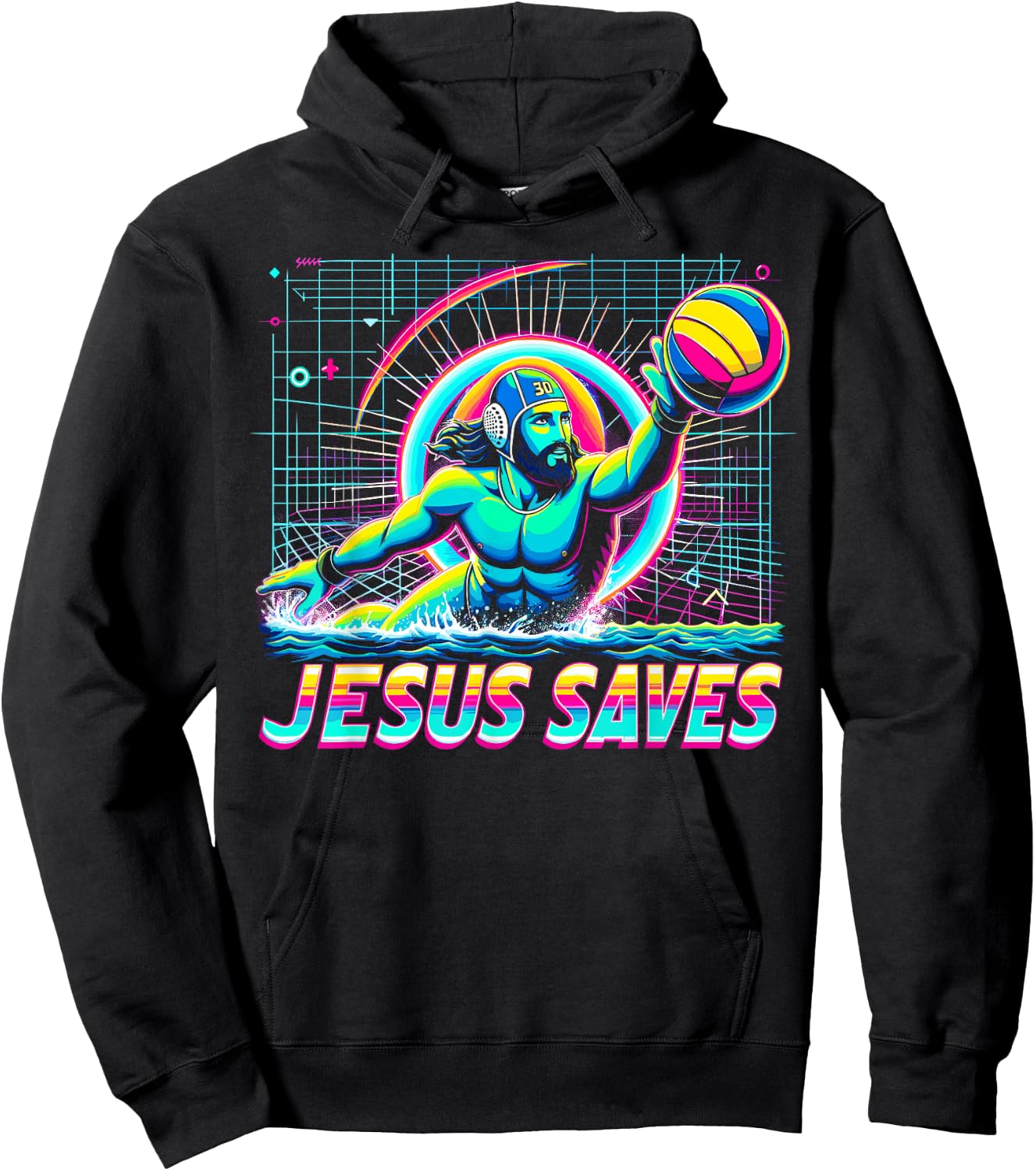 80s Vaporwave Jesus Saves Water Polo Hoodie - Hoodie | Black