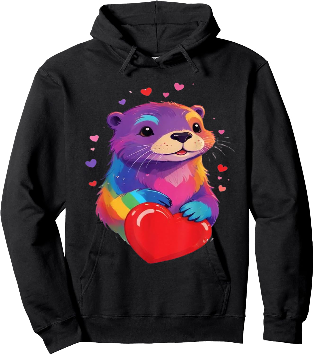 Otter Shirt - Otter Print Colorful Heart , Black, S Hoodie - Hoodie | Black
