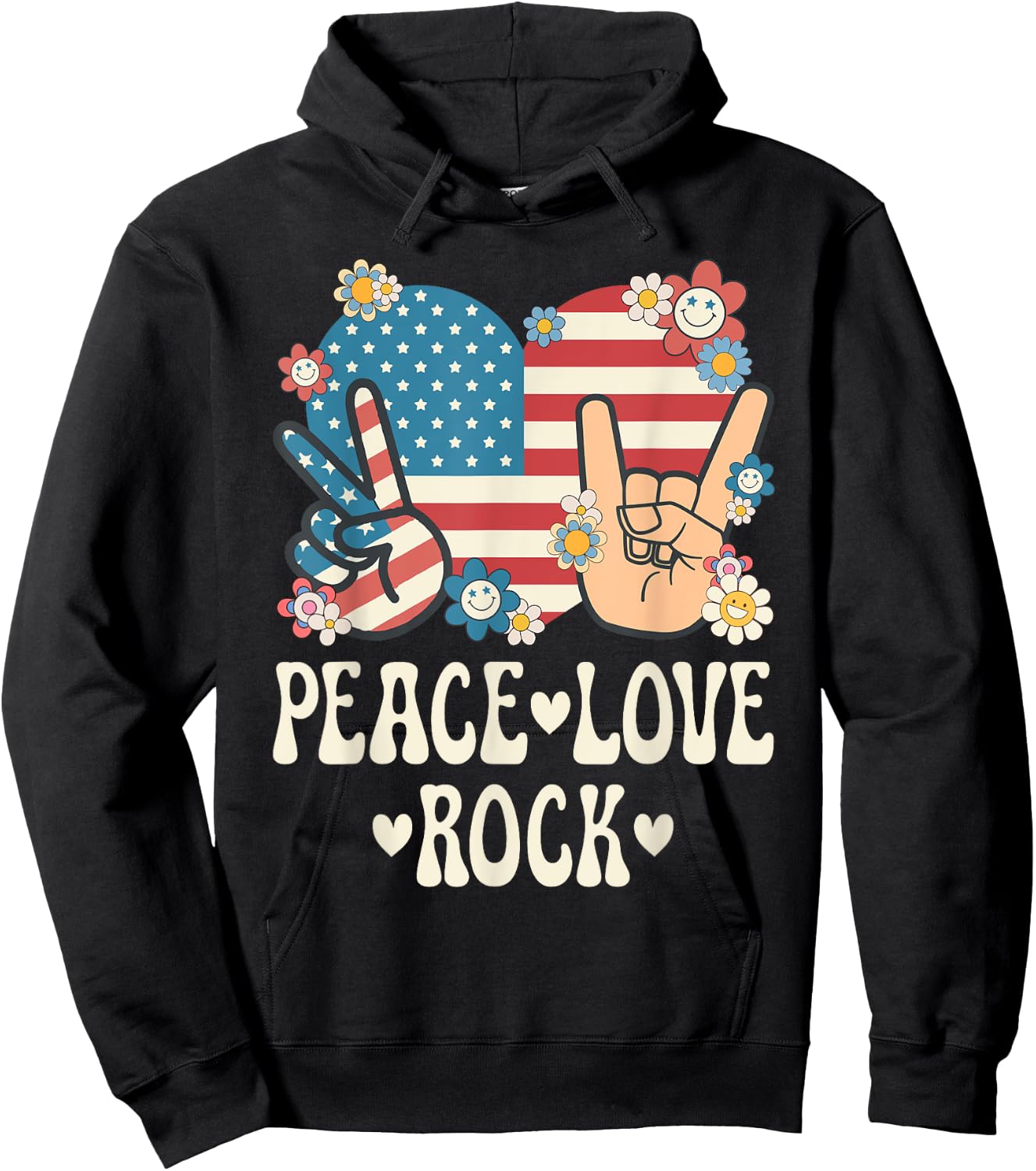 Peace Love Rock And Roll American Flag Patriotic Retro Rock Hoodie - Hoodie | Black