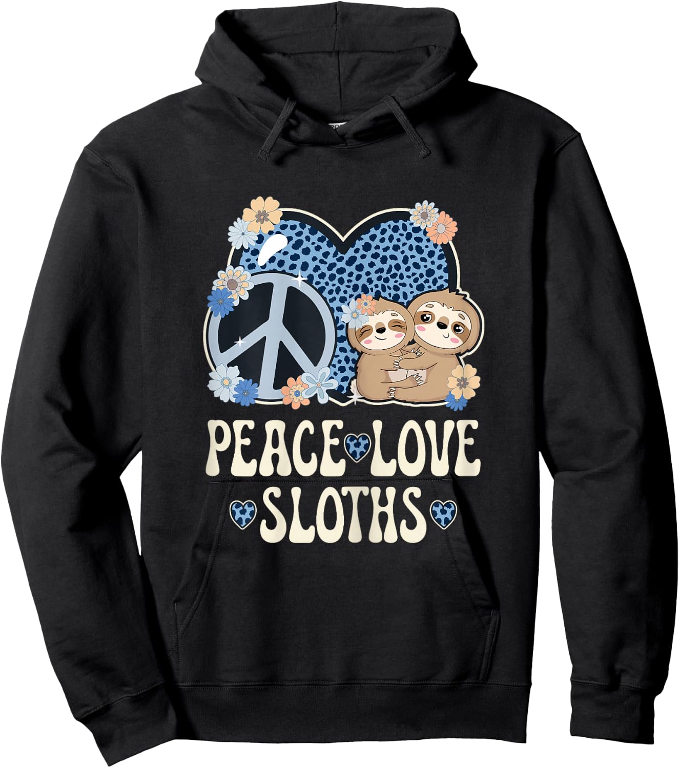 Peace Love Sloths Cheetah Print Women Girls Cute Sloth Lover Hoodie - Hoodie | Black