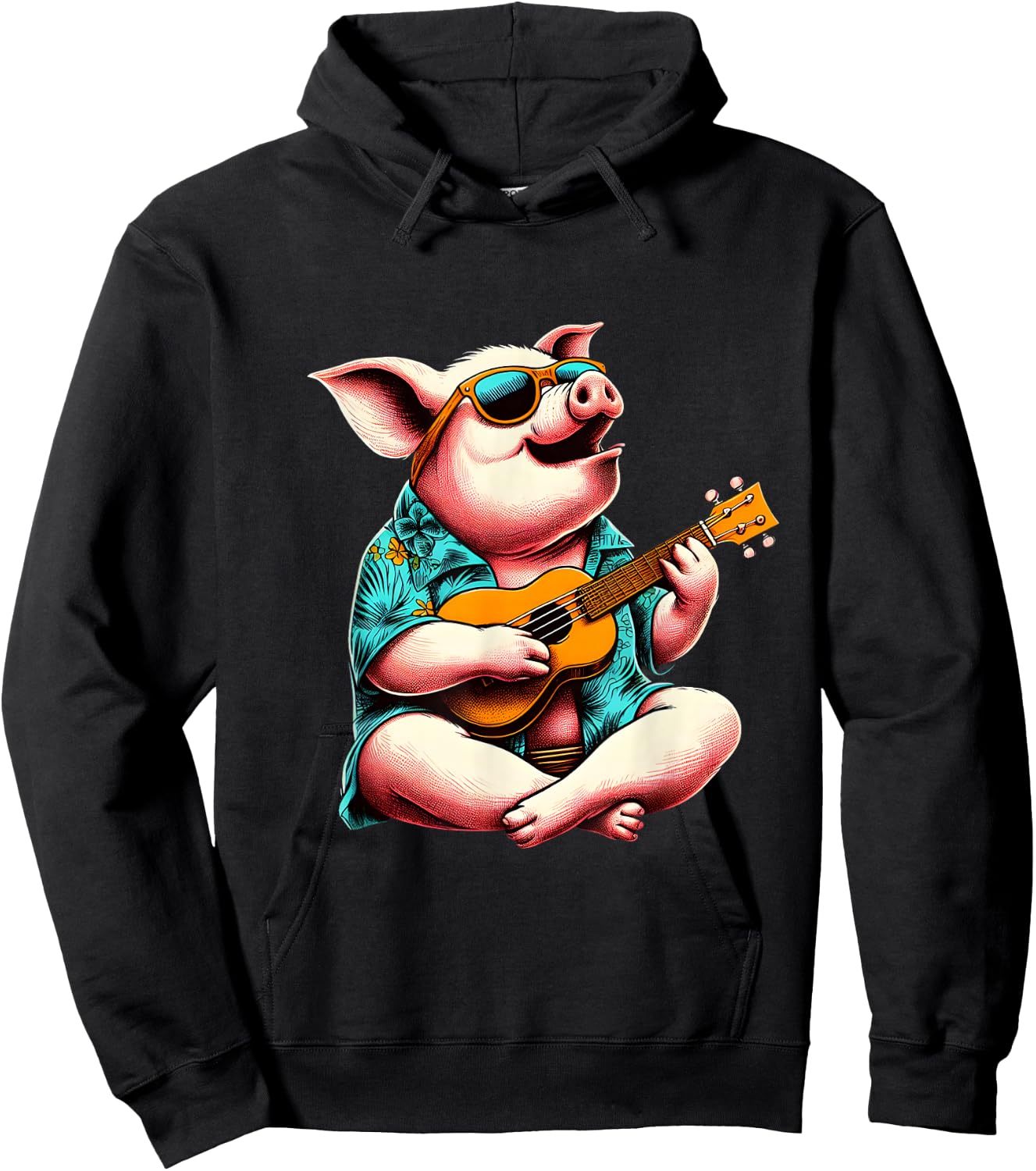 Pig Wearing a Hawaiian Shirt, Playing a Ukulele Hoodie - Hoodie | Black