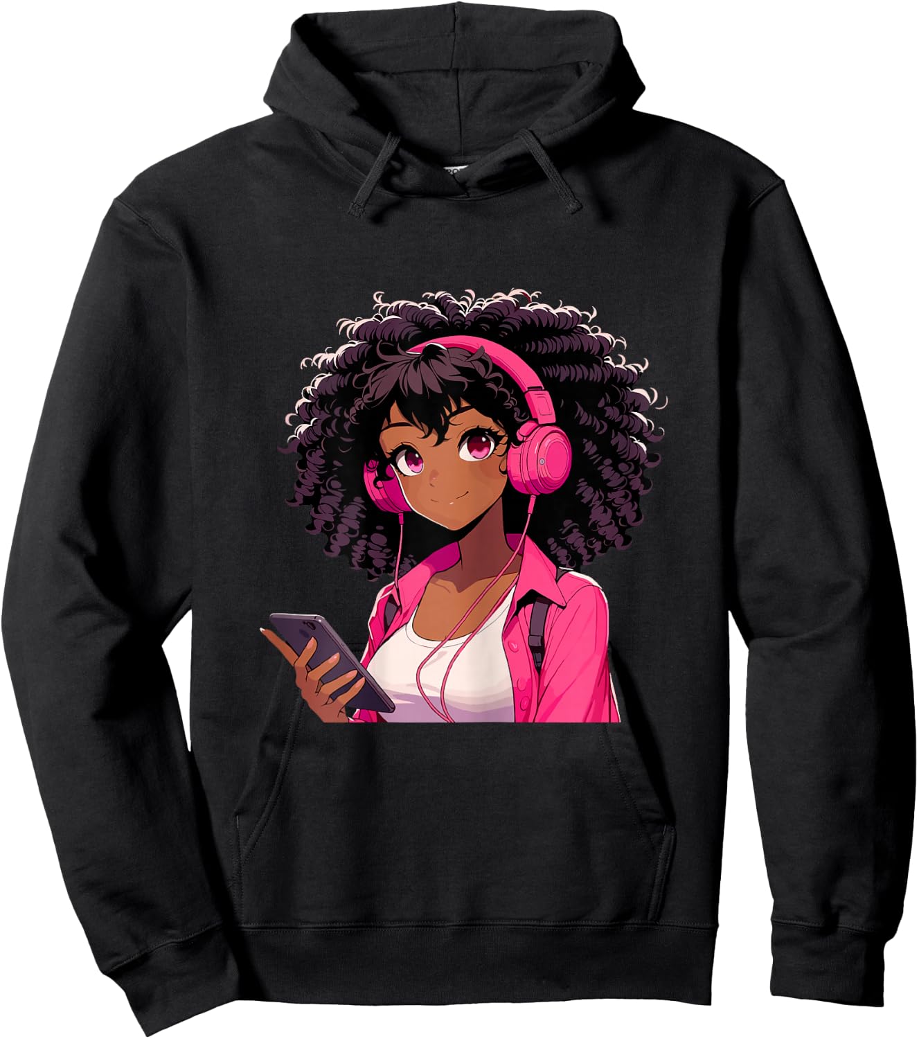 Black Girl Anime Music Headphones Hoodie - Hoodie | Black