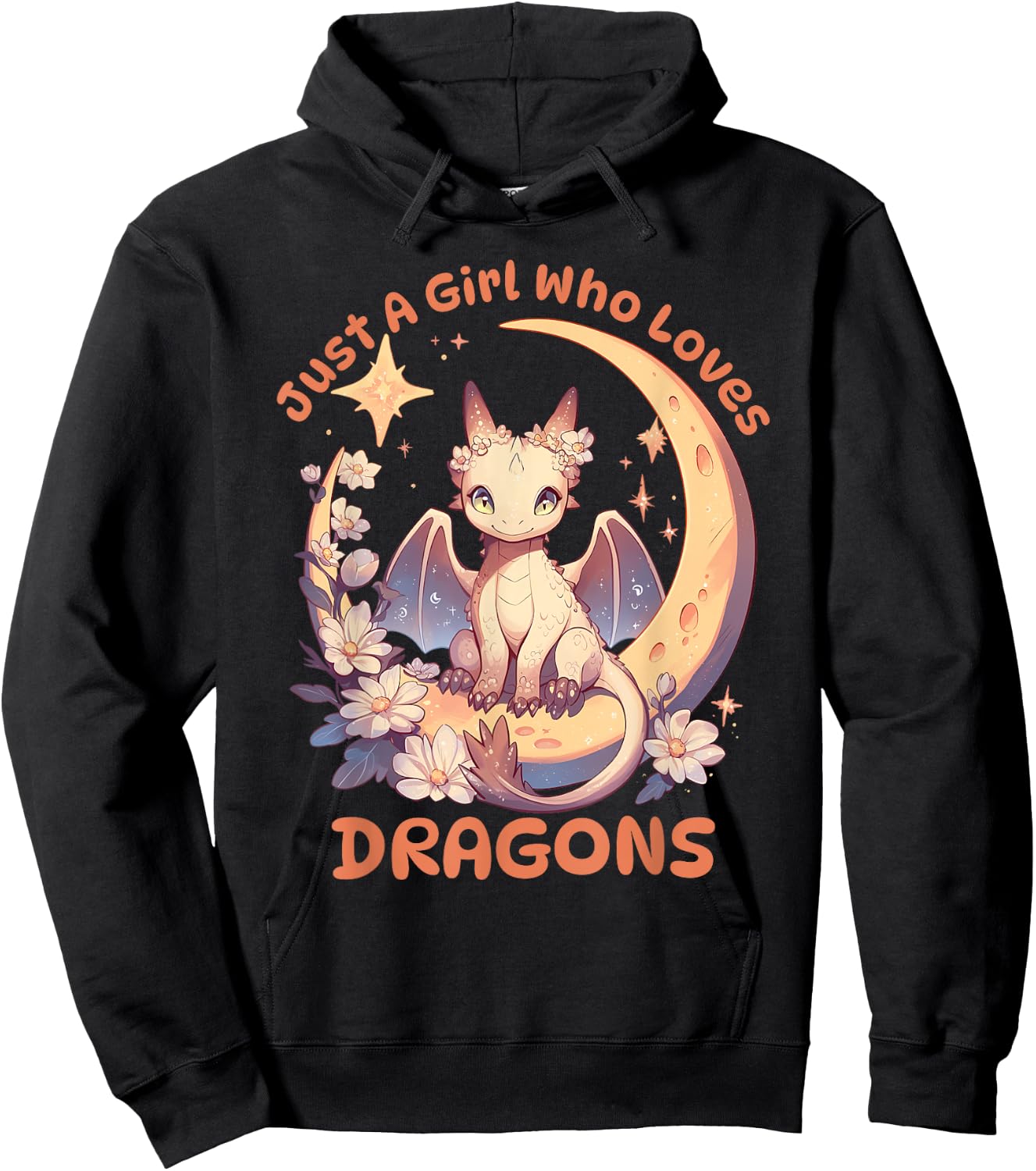 Just A Girl Who Loves Dragons Cute Dragon On Crescent Moon Hoodie - Hoodie | Black