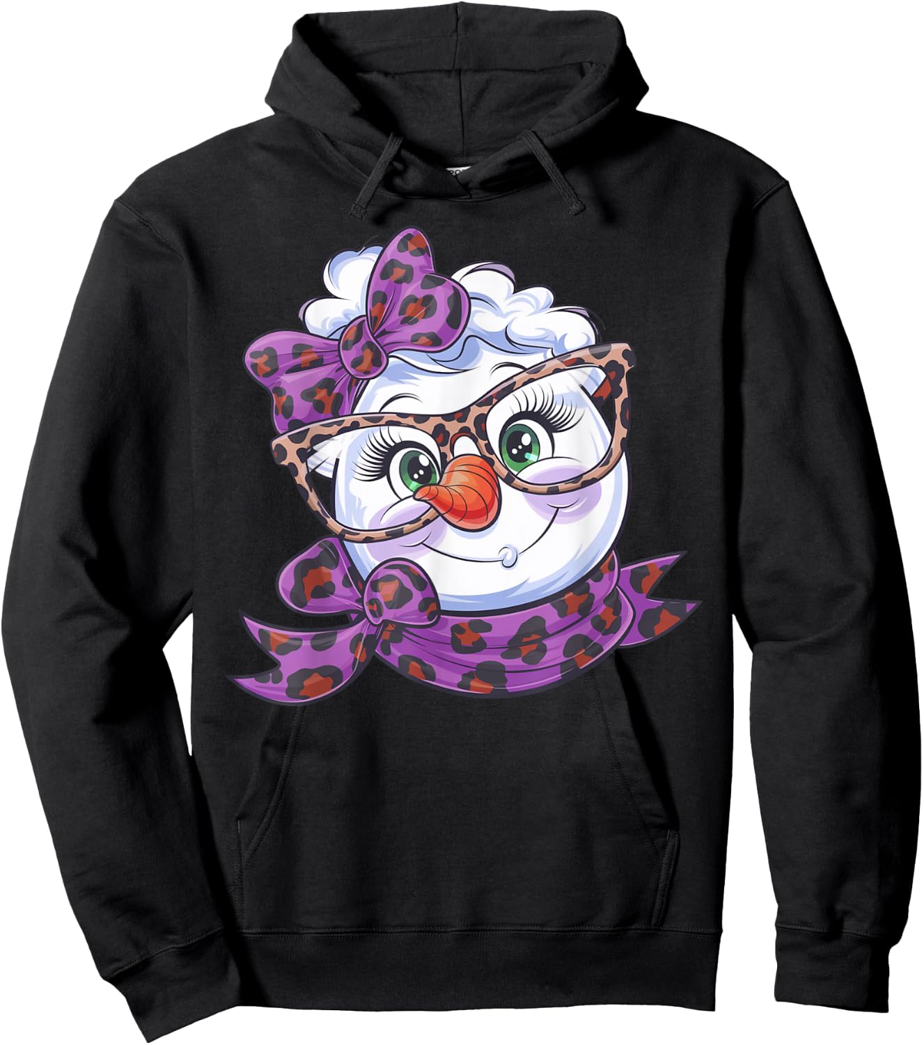 Winter Snowman Face Leopard Bow Eyelashes Black Classic Fit Short Sleeve XS Hoodie - Hoodie | Black