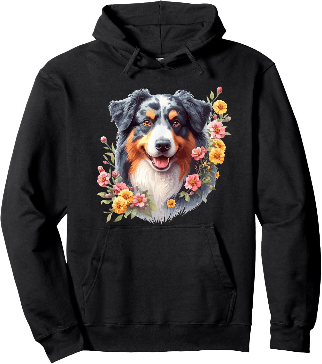 Cute Flowers Funny Floral Watercolor Blue Merle Aussie Lover Hoodie - Hoodie | Black