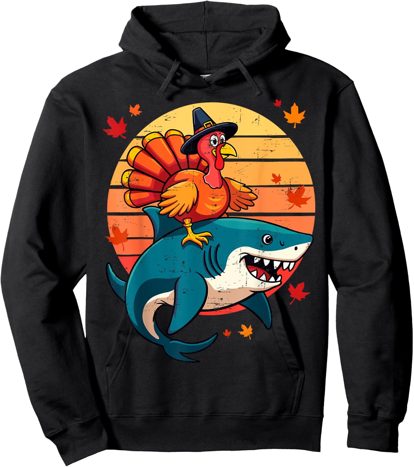Funny Shark & Turkey Thanksgiving Day Kids Harvest Festival Hoodie - Hoodie | Black
