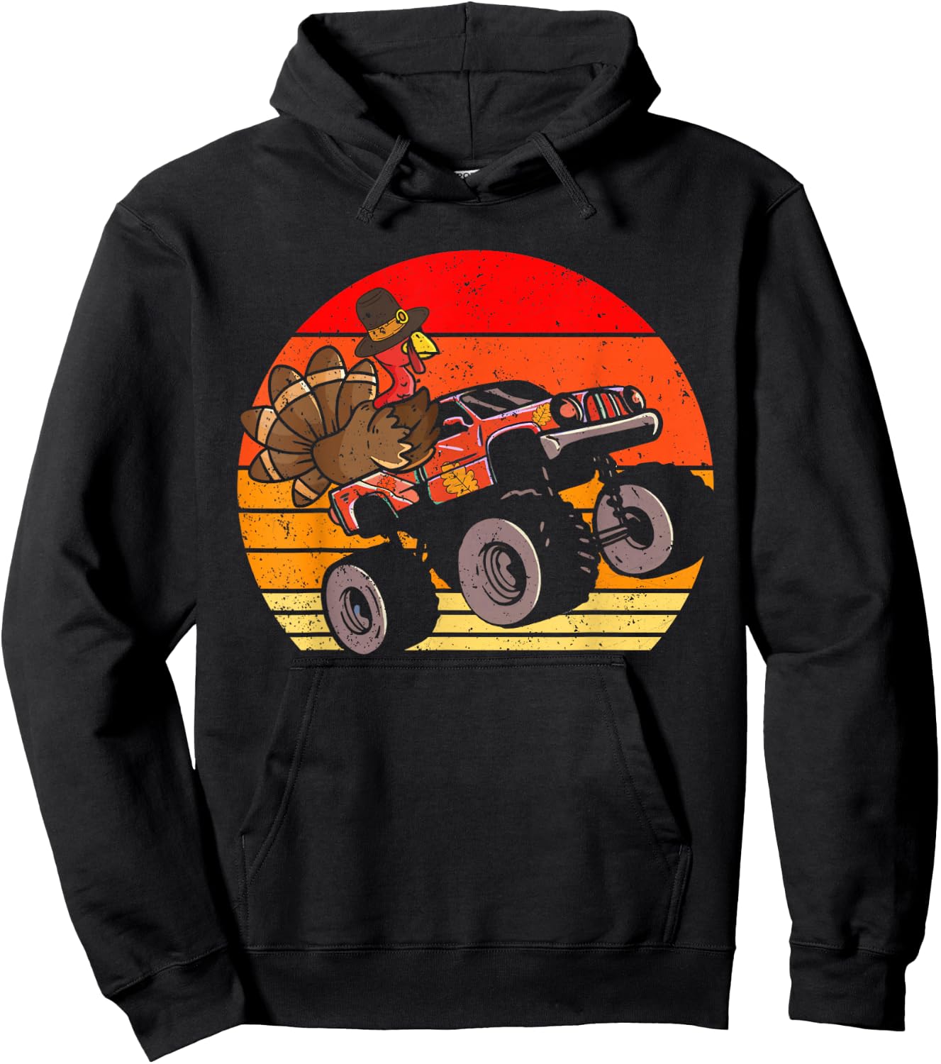 Boys Kids Thanksgiving Turkey Riding Monster Truck Vintage Hoodie - Hoodie | Black