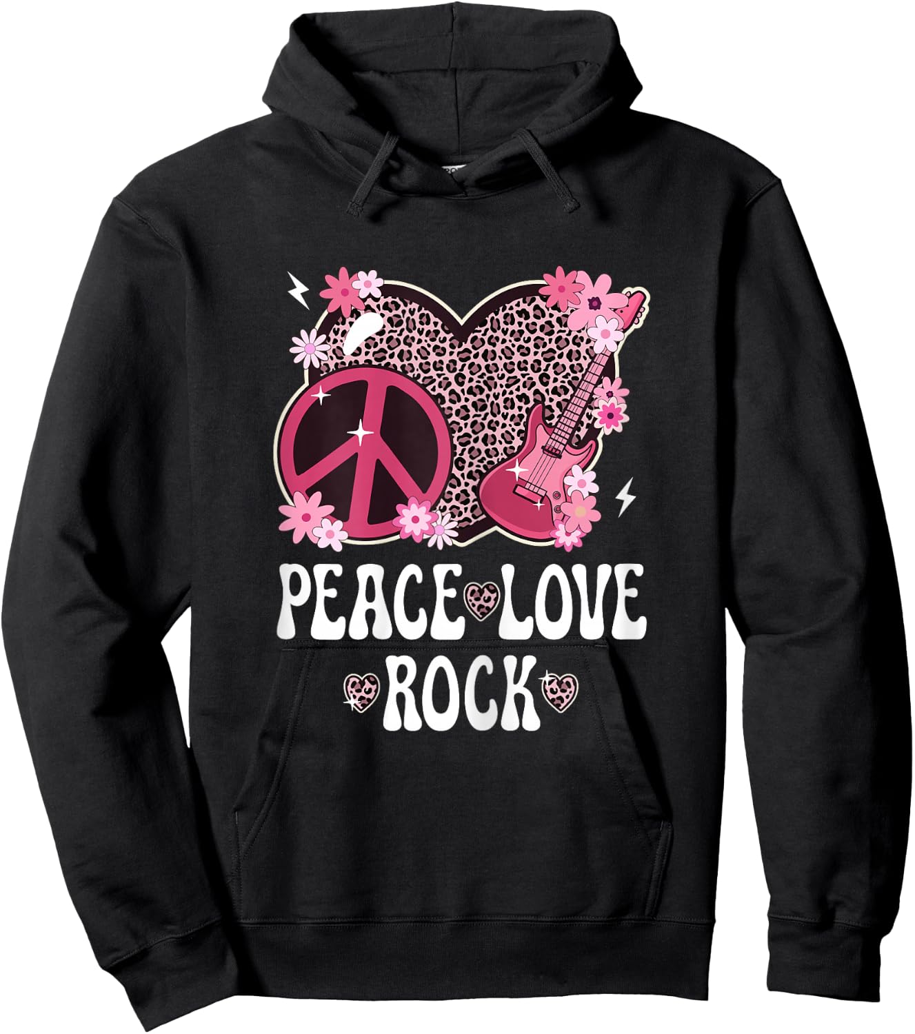 Peace Love Rock And Roll Leopard Print Women Rock Outfit Hoodie - Hoodie | Black