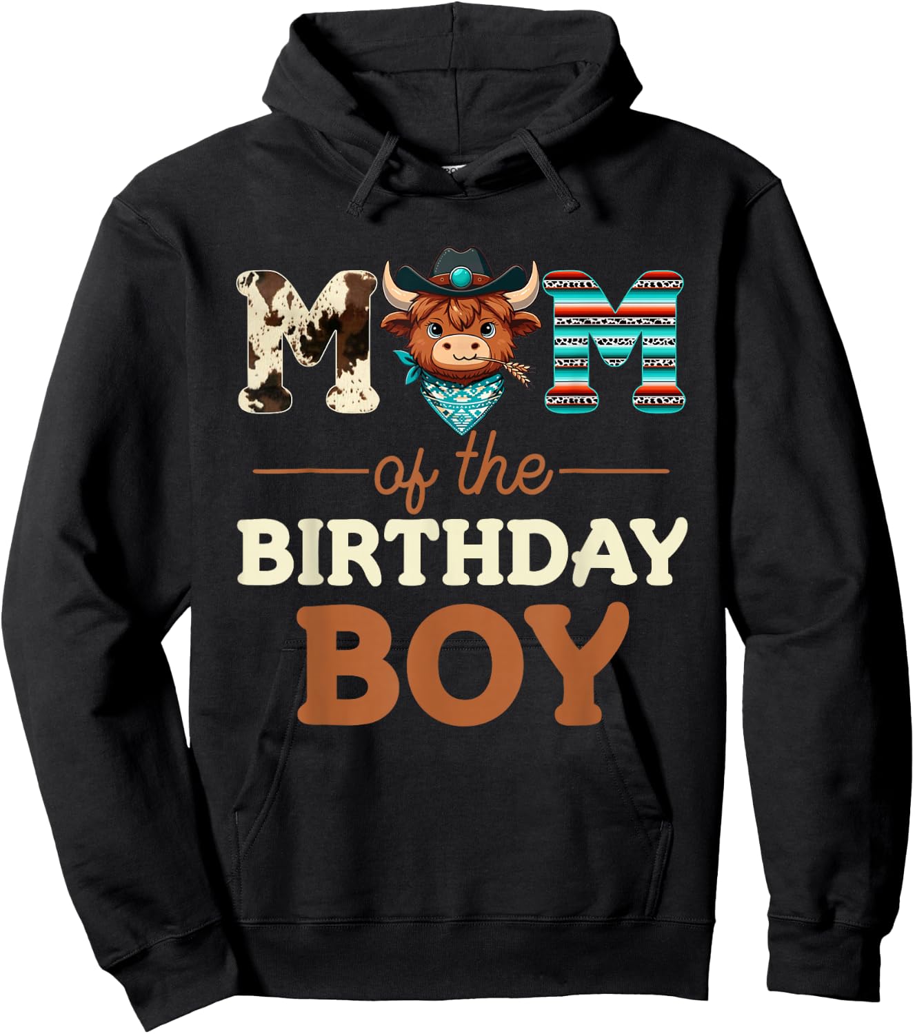 Mom of The Birthday Boy Highland Cow Print First Bday Hoodie - Hoodie | Black
