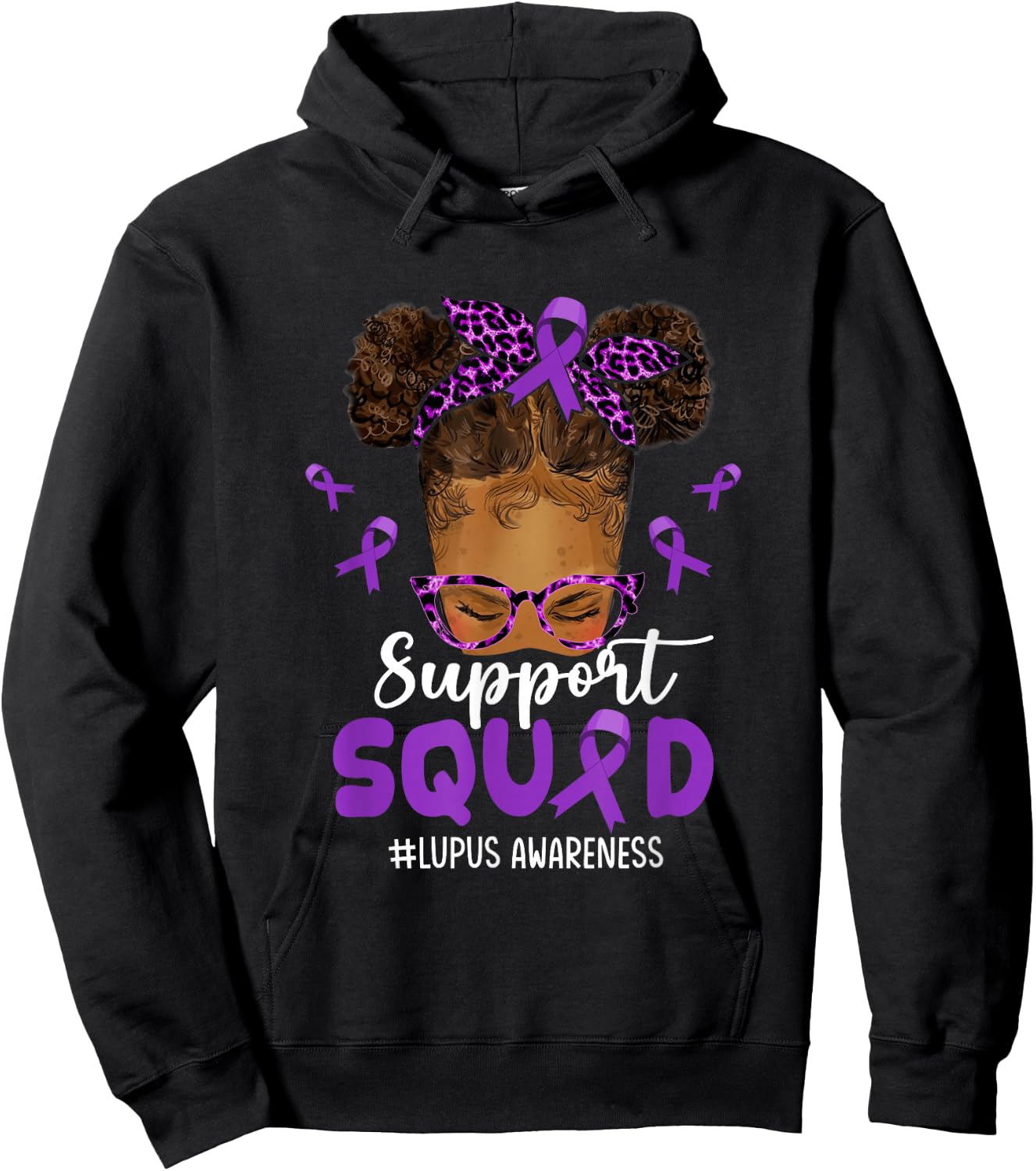 Support-Squad Afro Messy Bun Leopard Lupus Awareness Hoodie - Hoodie | Black