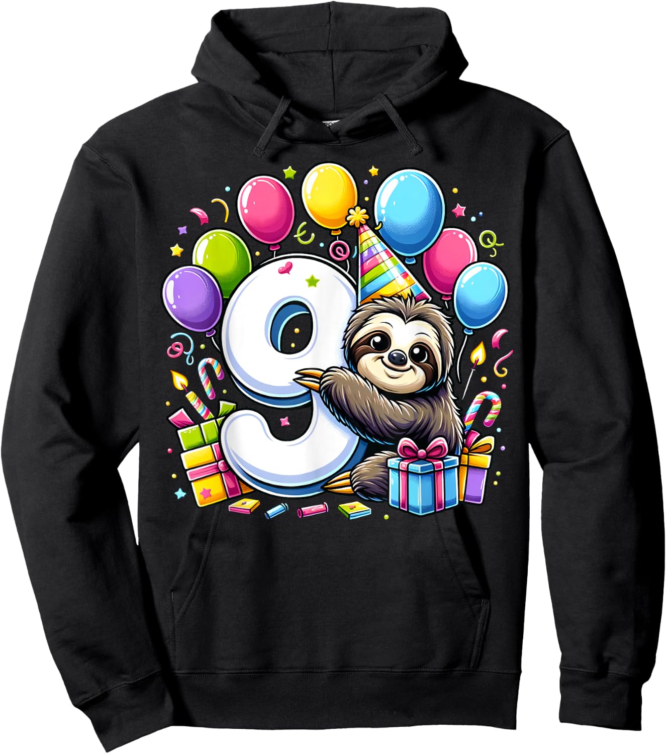 Kids Sloth Theme ninth Bday Party 9th Sloth Birthday Hoodie - Hoodie | Black