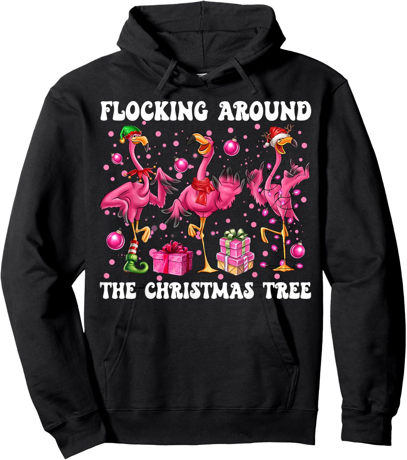 Flocking Around The Christmas Tree Flamingo Christmas Crew Hoodie - Hoodie | Black