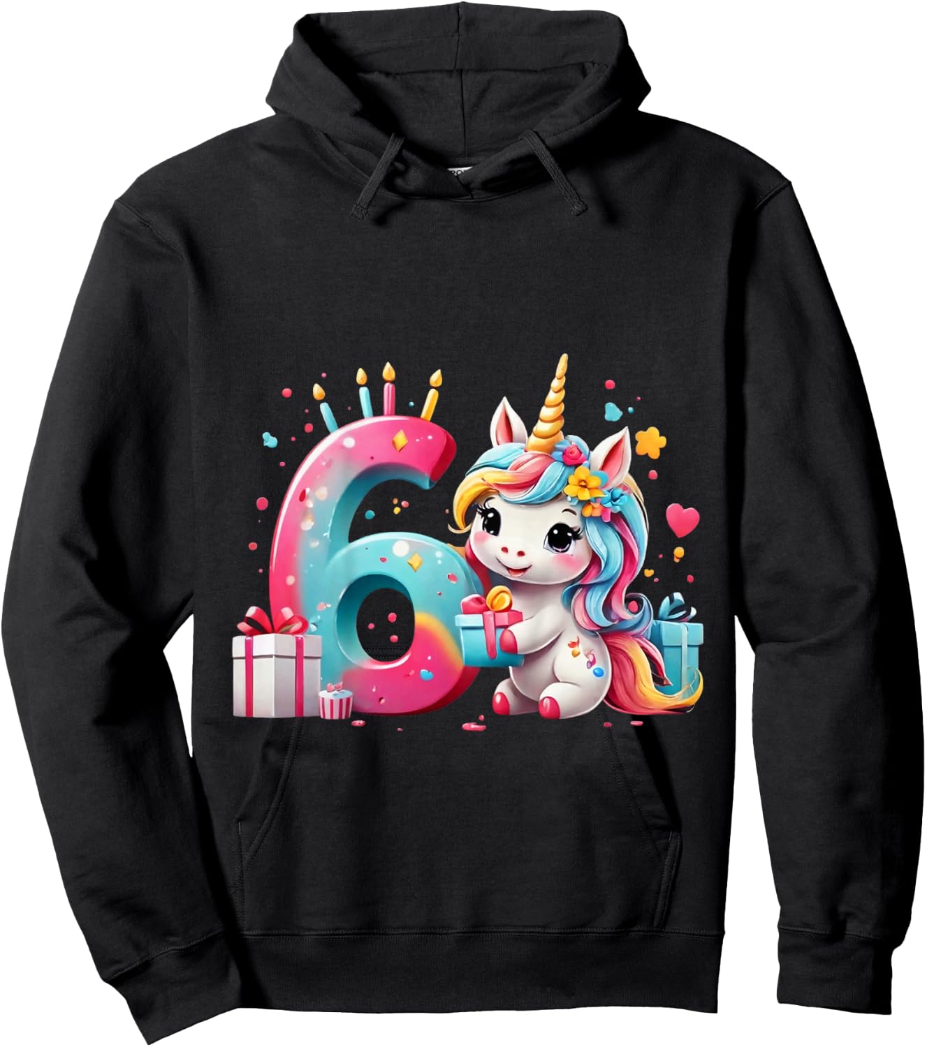 Children's Number 6 Years Girls Unicorn 6th Birthday , black Hoodie - Hoodie | Black