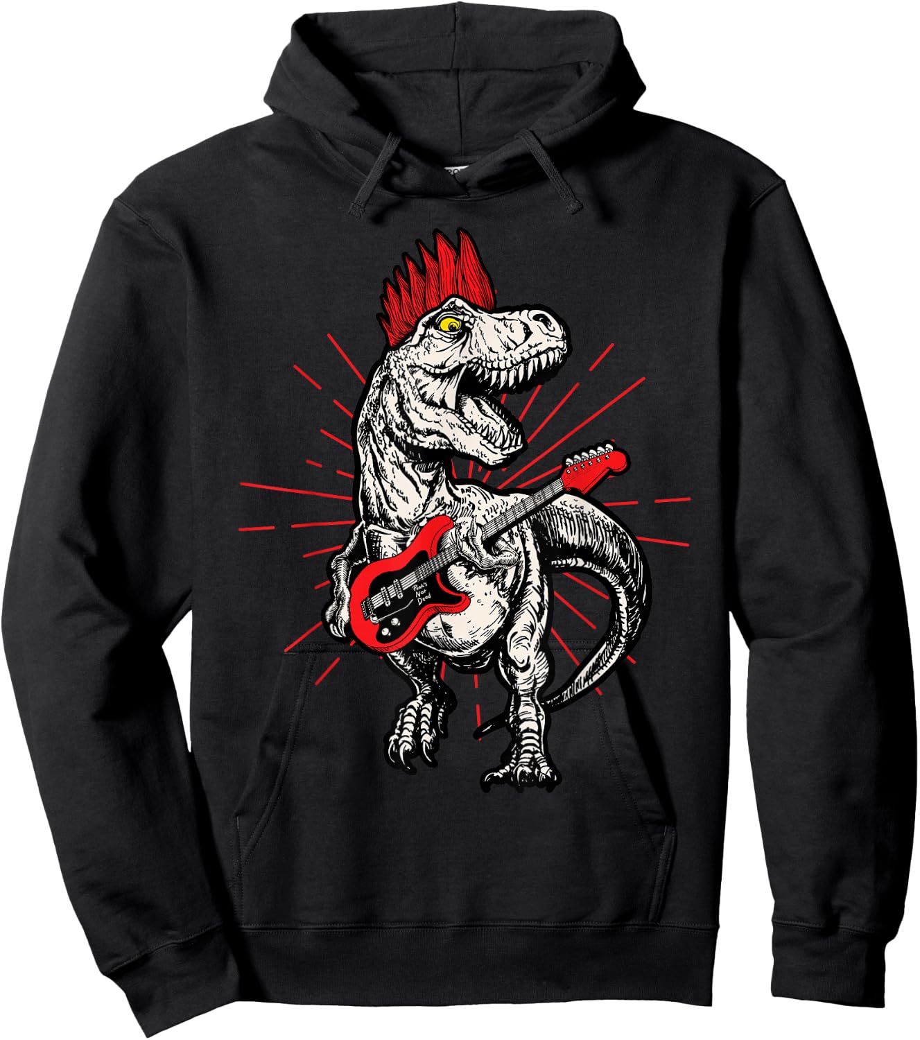 Punk Rock T-Rex Mohawk Playing Guitar Rock n' Roll Dinosaur Hoodie - Hoodie | Black