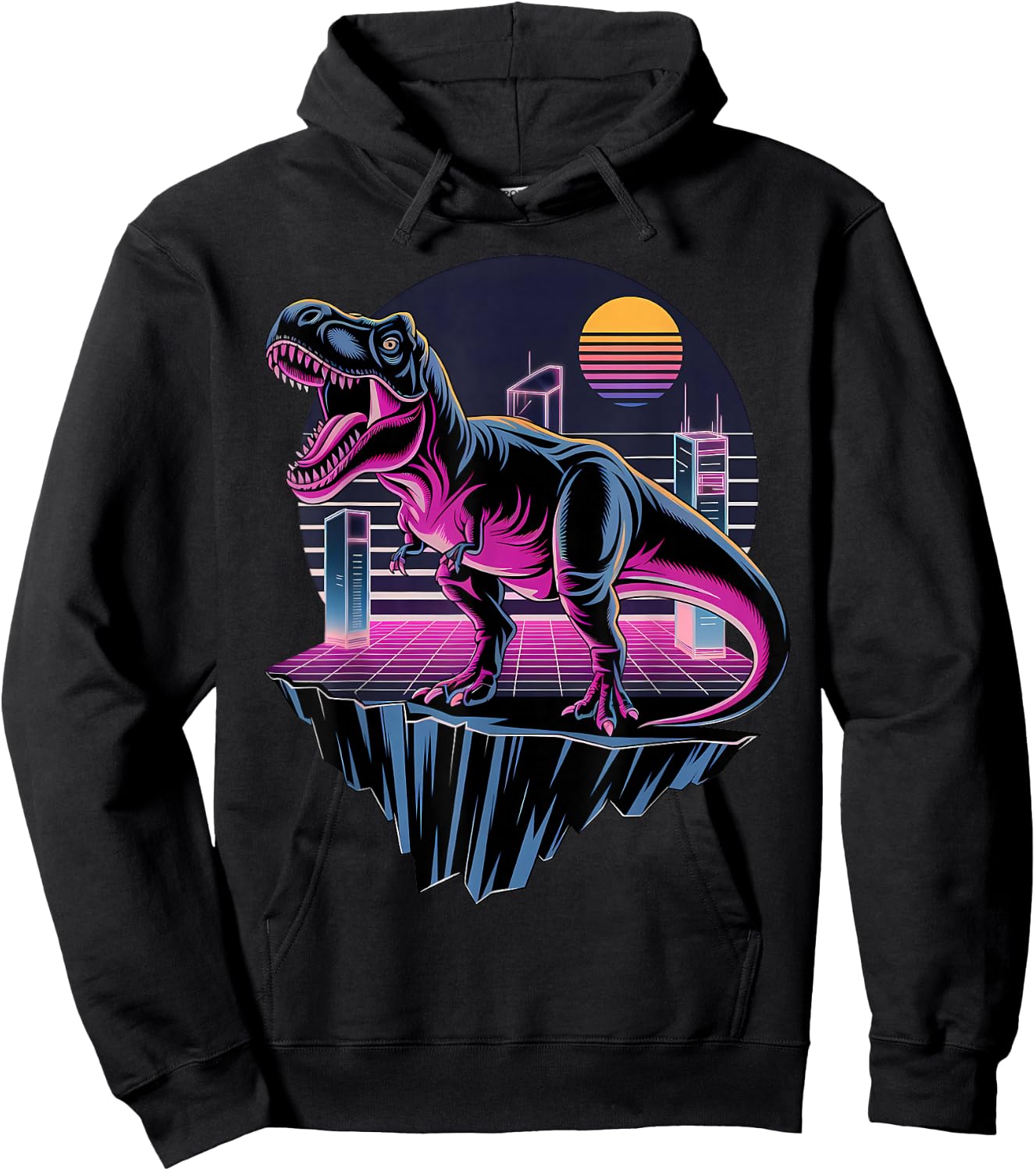 Electric Retro T-Rex Neon Dinosaur Aesthetic Hoodie - Hoodie | Black