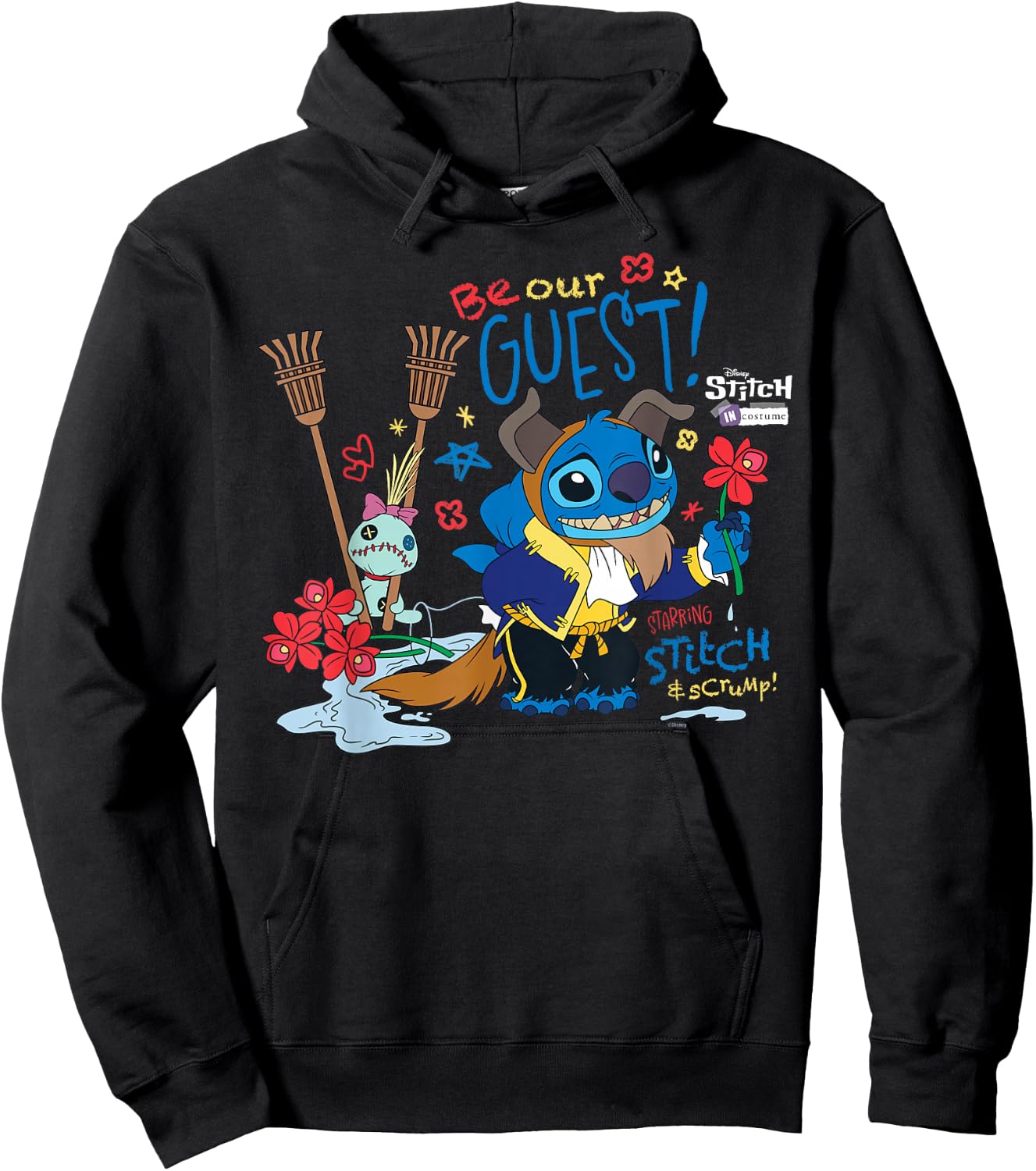 Disney 100 Stitch in Costume The Beast Be Our Guest & Scrump Hoodie - Hoodie | Black